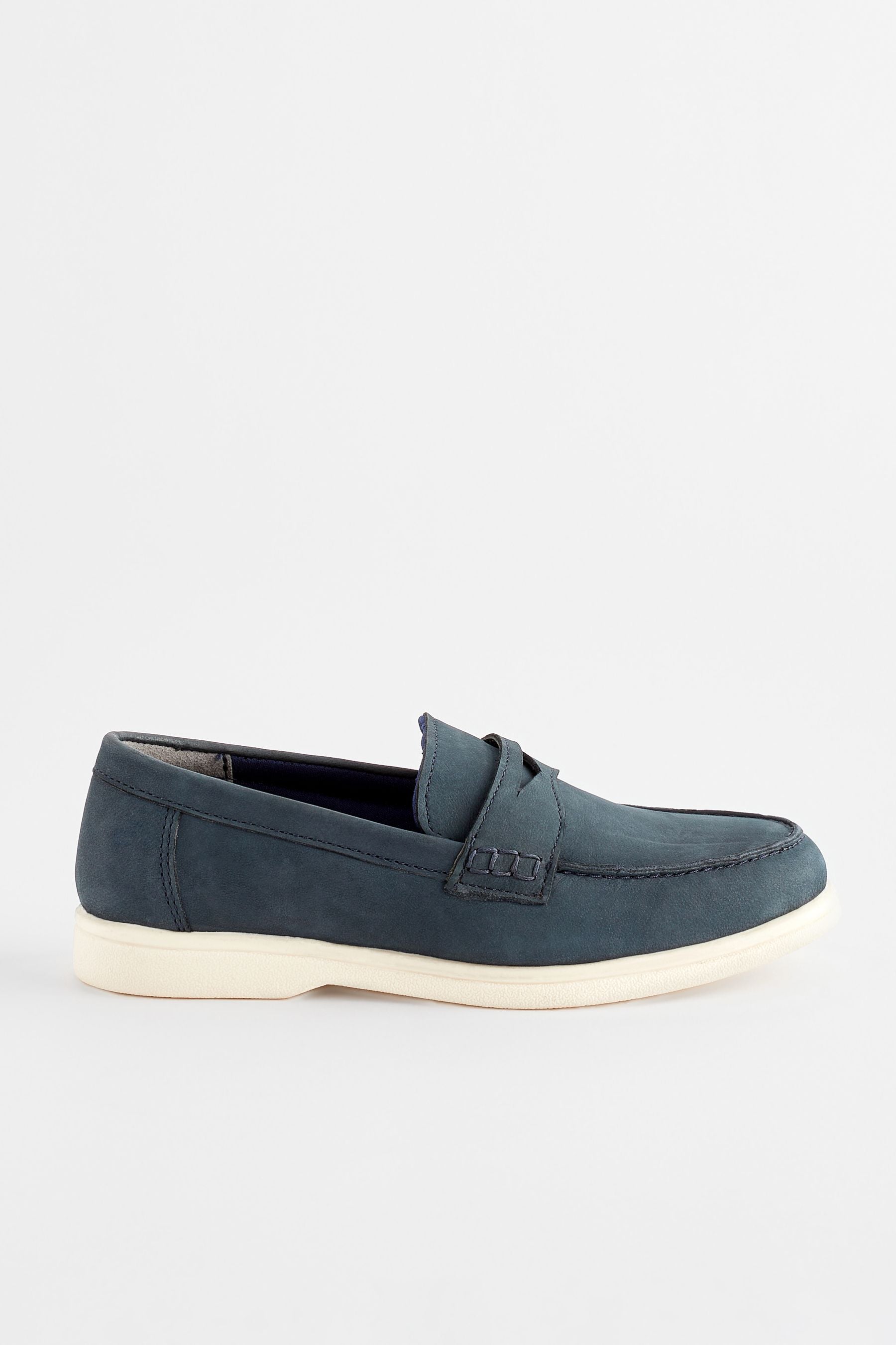 Navy Contrast Sole Leather Penny Loafers