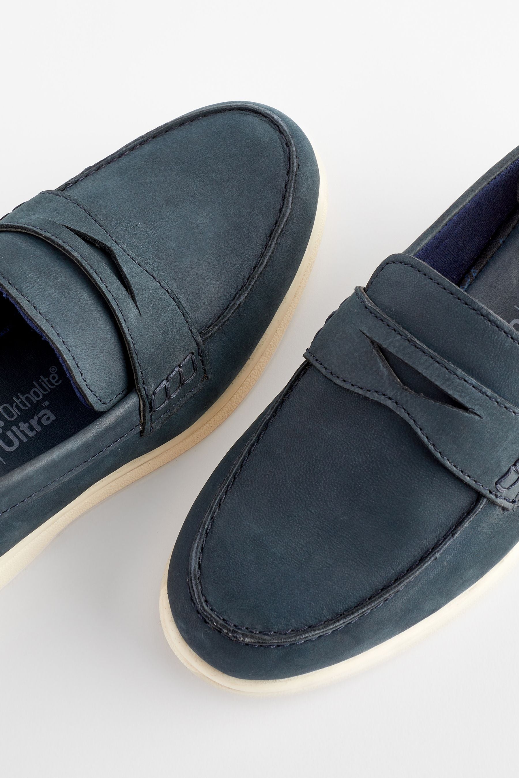 Navy Contrast Sole Leather Penny Loafers