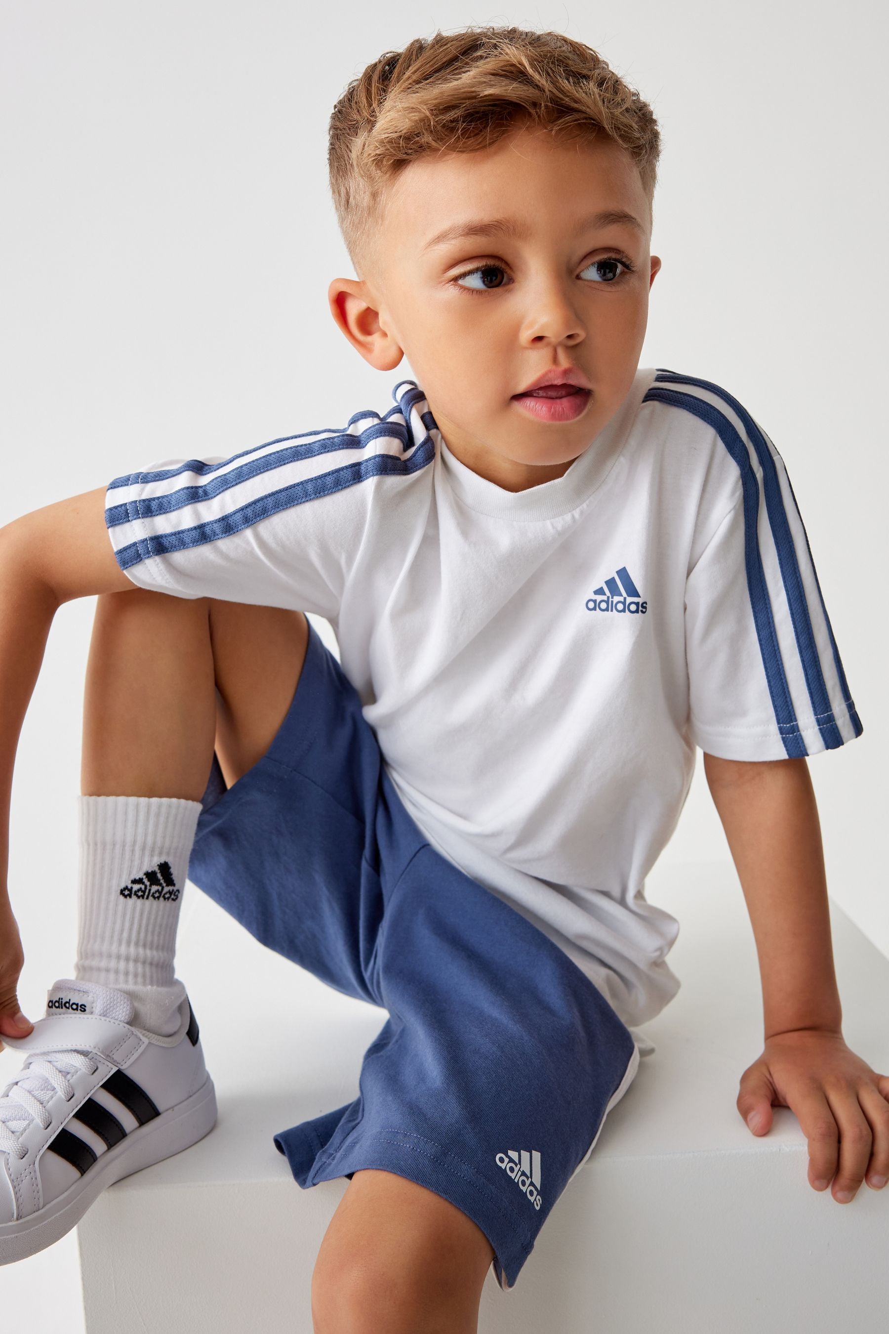 adidas White/Blue Kids Essentials Top and Short Set