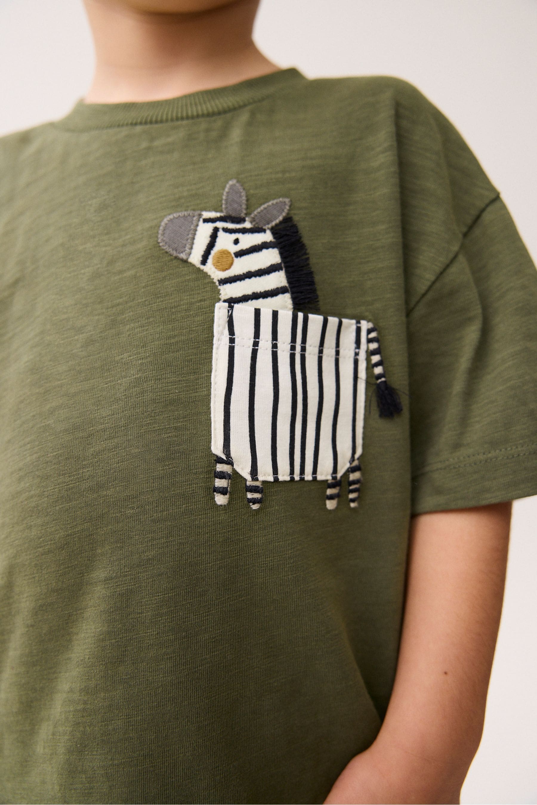 Khaki Green Zebra Short Sleeve Pocket T-Shirt (3mths-7yrs)