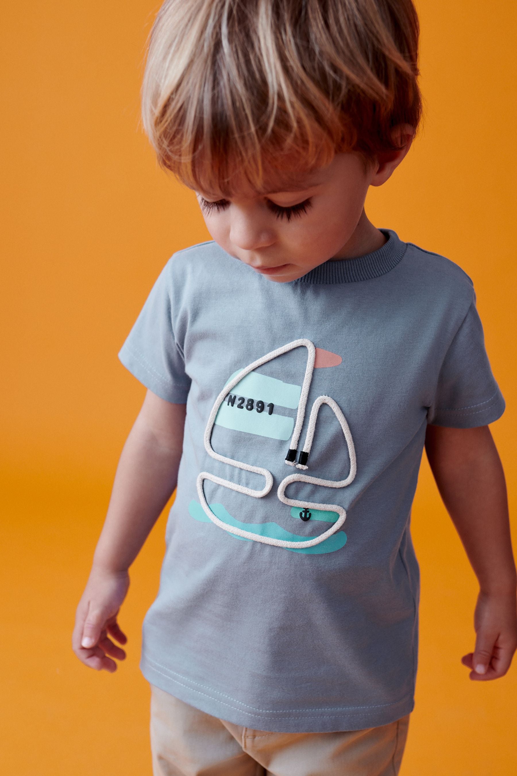 Blue Boat Appliqu?© Transport Short Sleeve T-Shirt (3mths-7yrs)