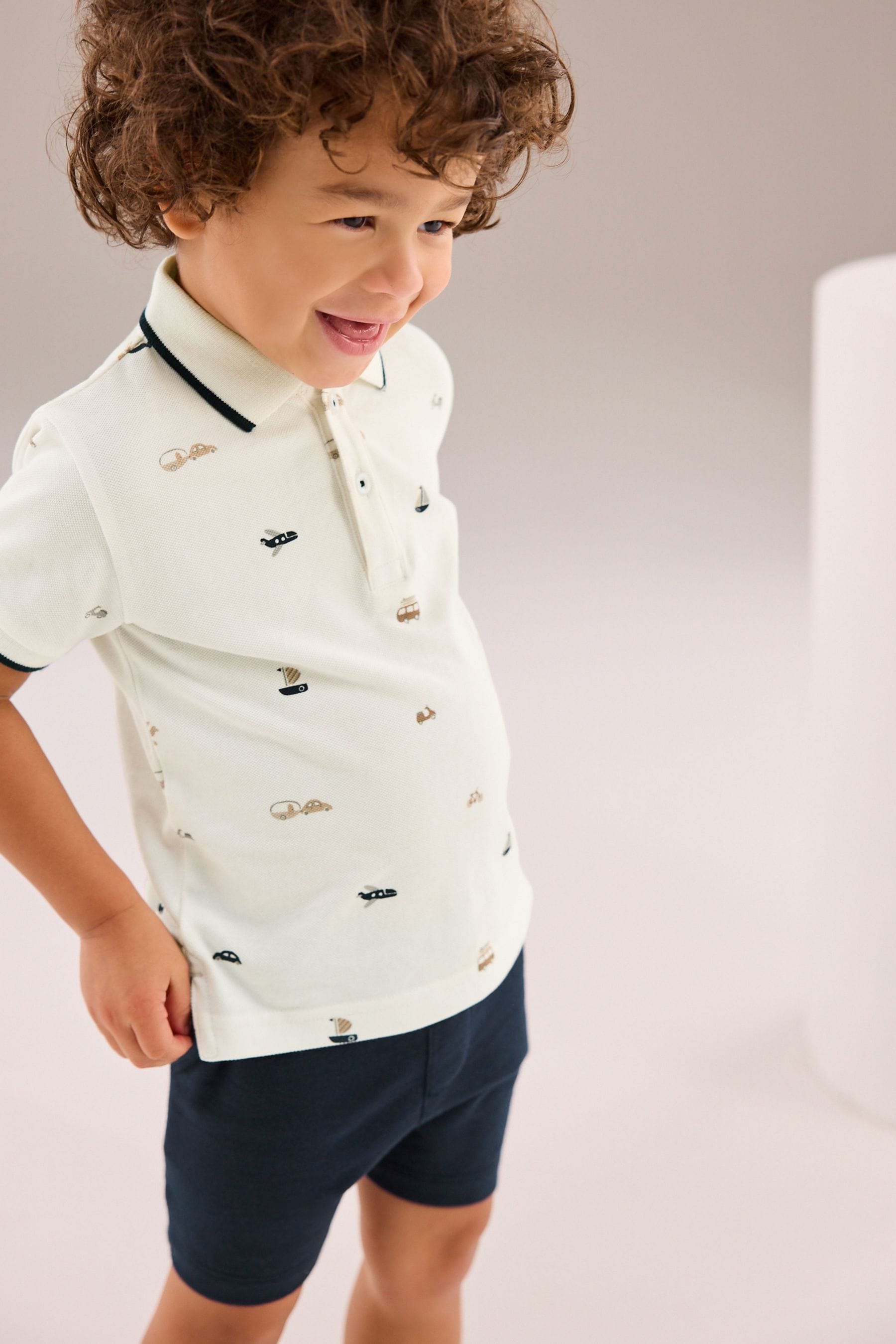 White 100% Cotton All Over Printed Polo Shirt And Shorts Set (3mths-7yrs)