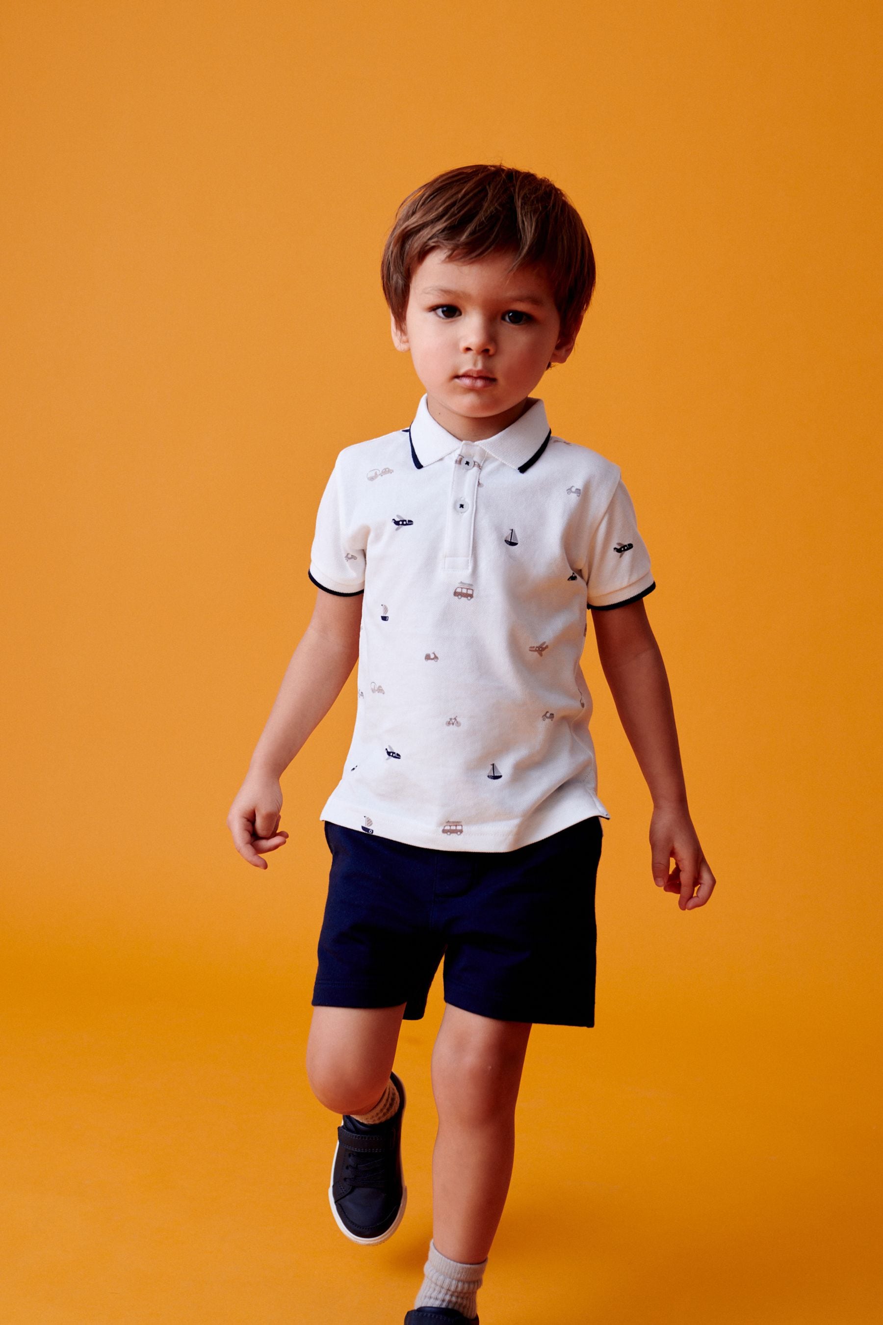 White 100% Cotton All Over Printed Polo Shirt And Shorts Set (3mths-7yrs)