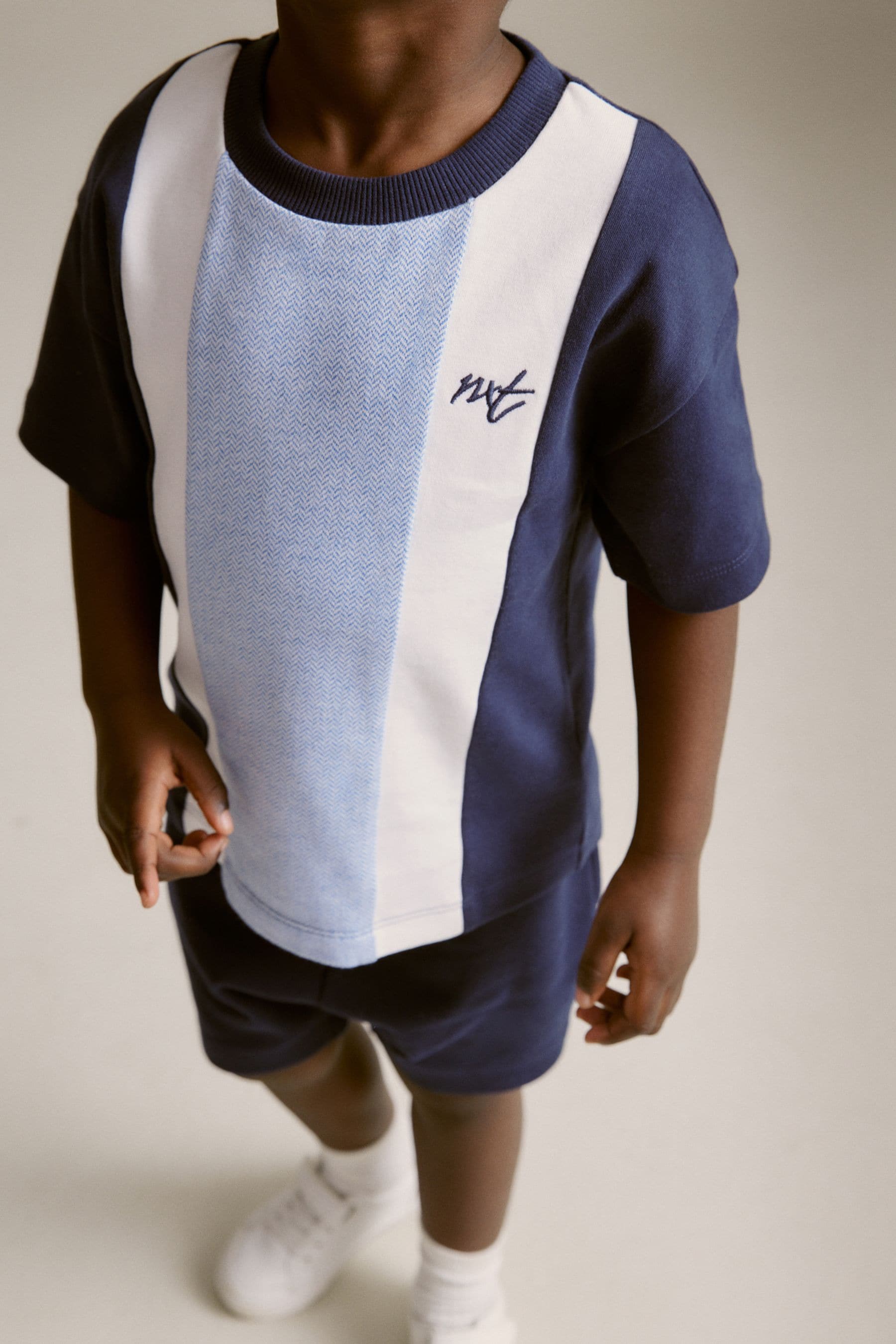 Blue 100% Cotton Short Sleeve Colourblock T-Shirt and Shorts Set (3mths-7yrs)