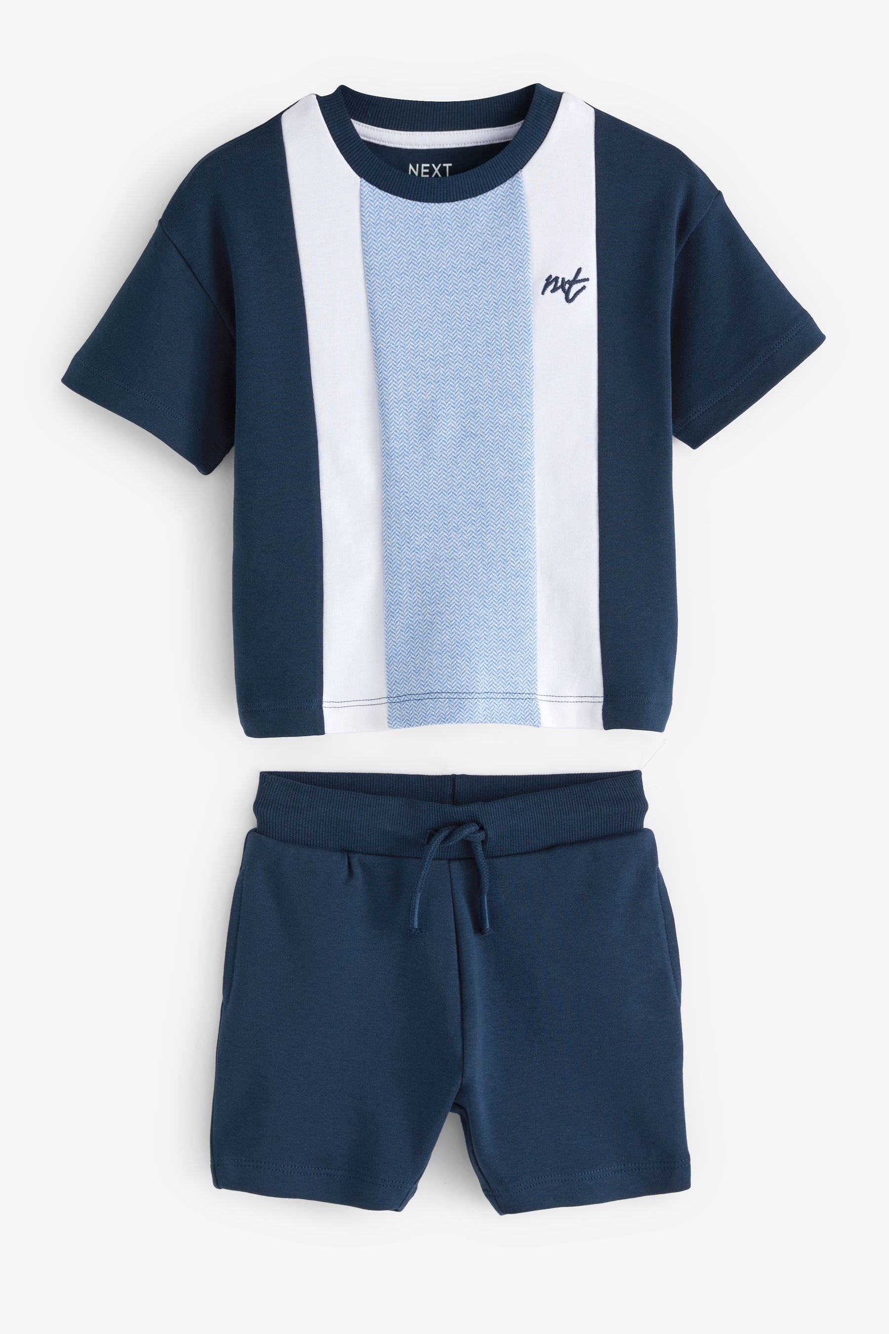 Blue 100% Cotton Short Sleeve Colourblock T-Shirt and Shorts Set (3mths-7yrs)