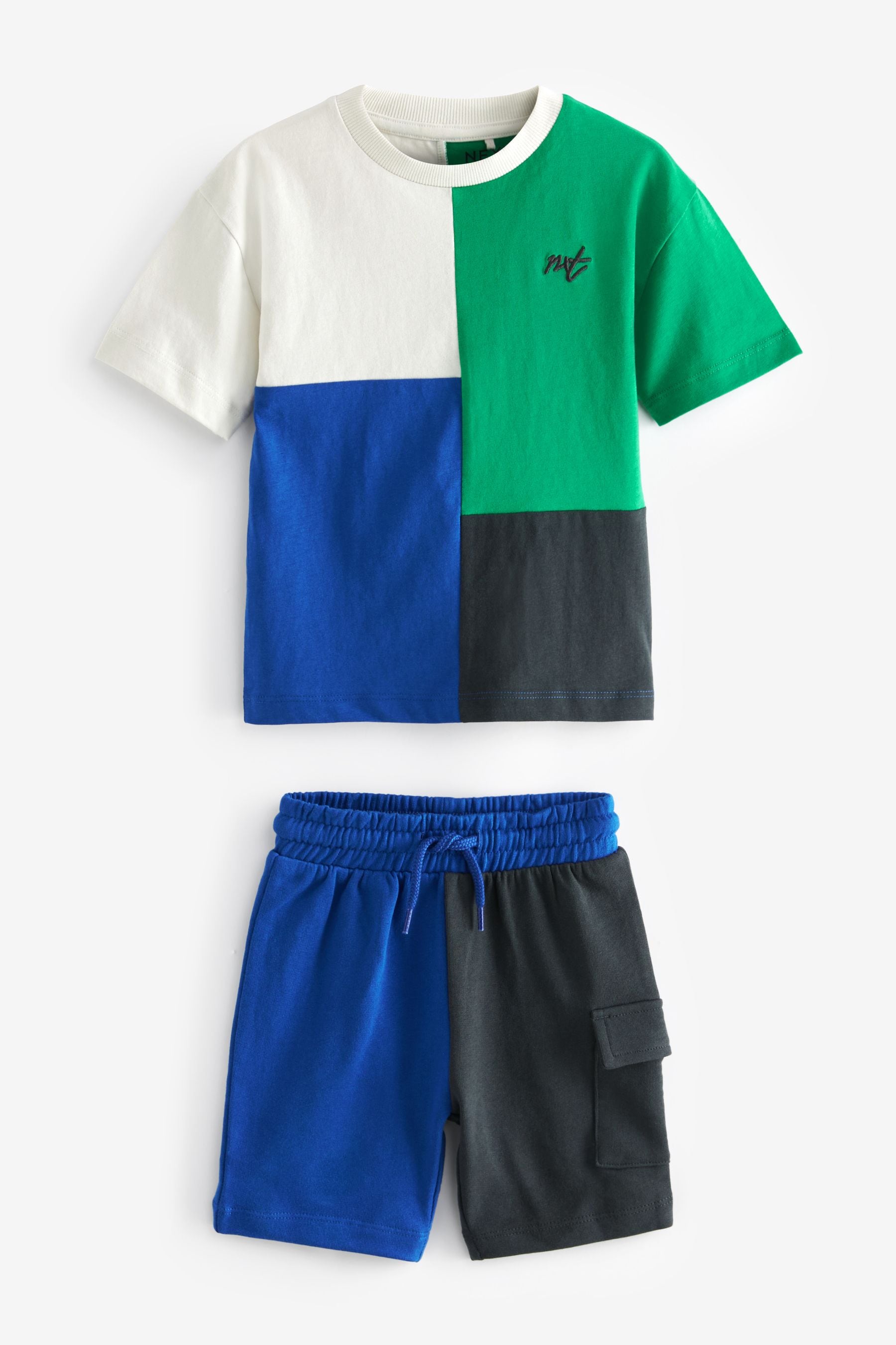 Blue/Green Short Sleeve Colourblock T-Shirt and Shorts Set (3mths-7yrs)