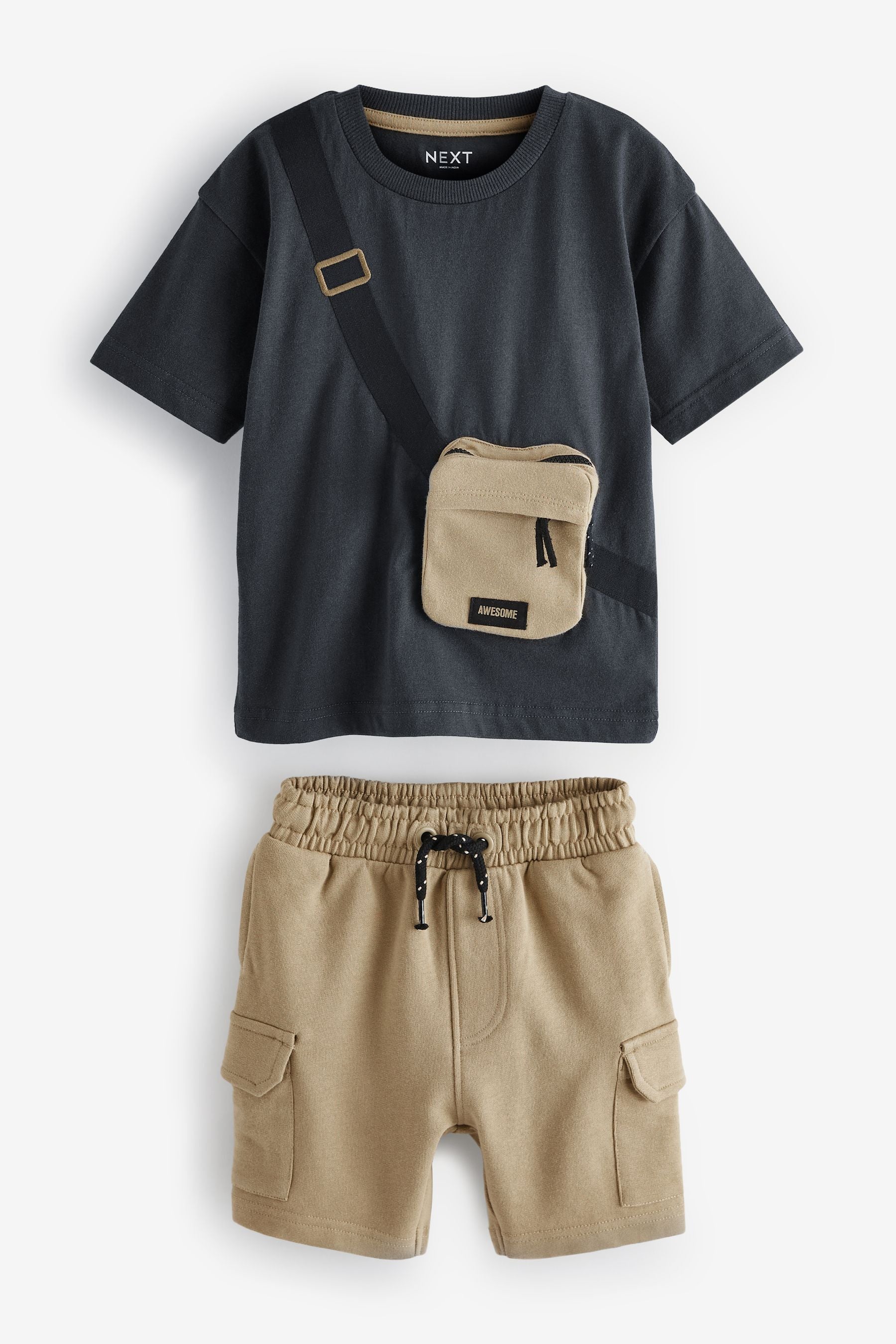 Tan Brown/Grey Utility Bumbag Short Sleeve T-Shirt & Shorts Set (3mths-7yrs)