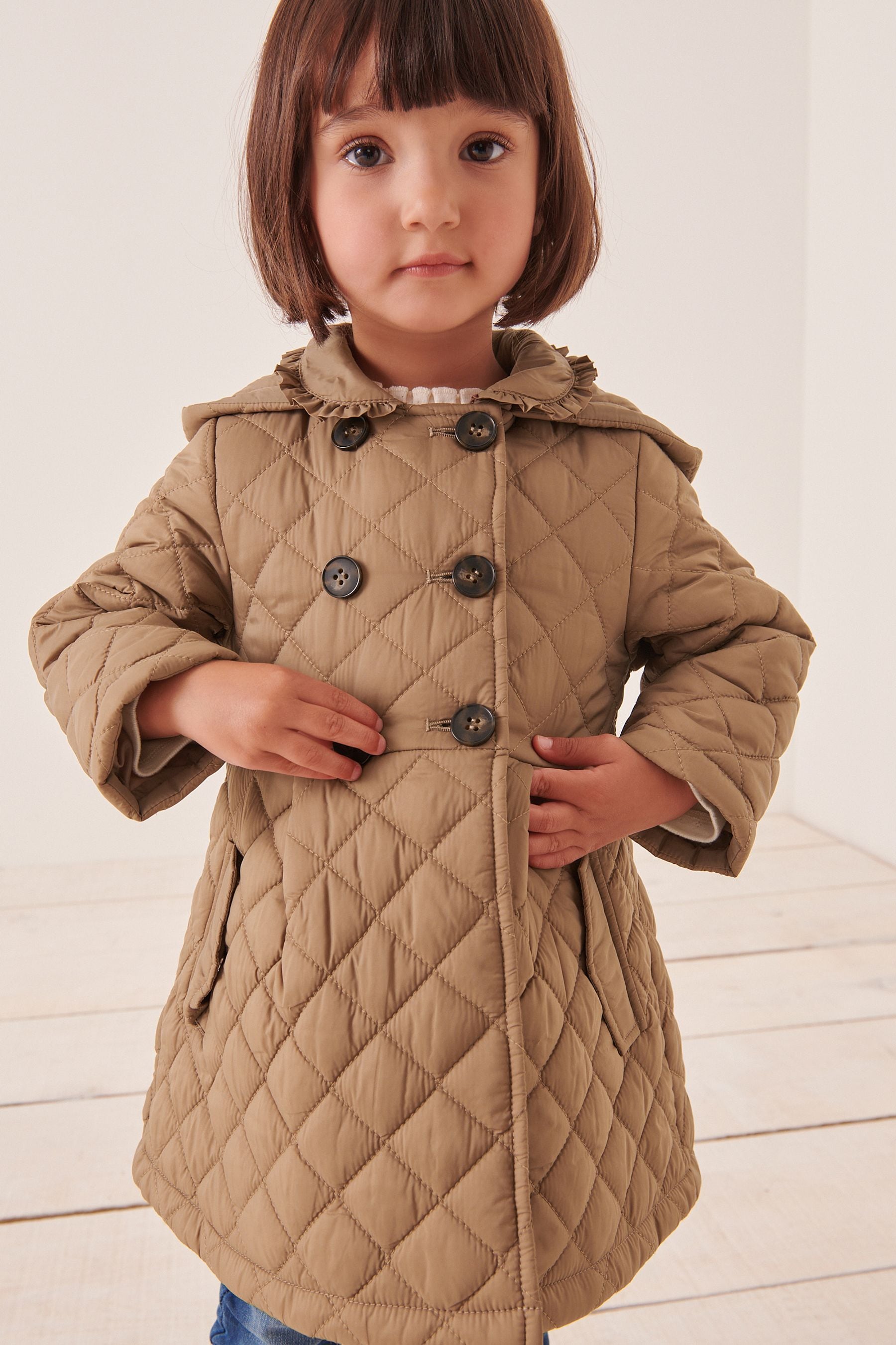 Camel Shower Resistant Frill Collar Quilted Coat (3mths-7yrs)