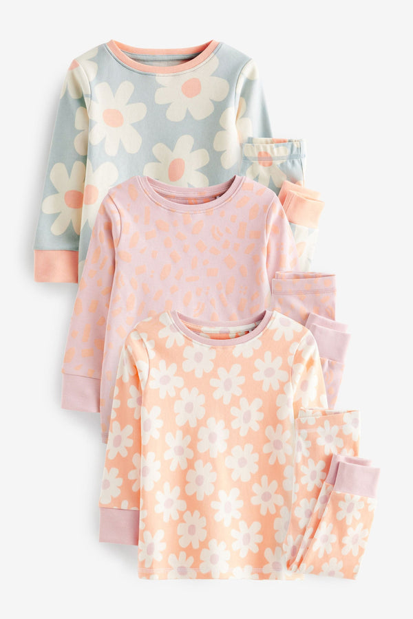 Neon Orange/Blue Floral 3 Pack Printed Long Sleeve Pyjamas (9mths-10yrs)