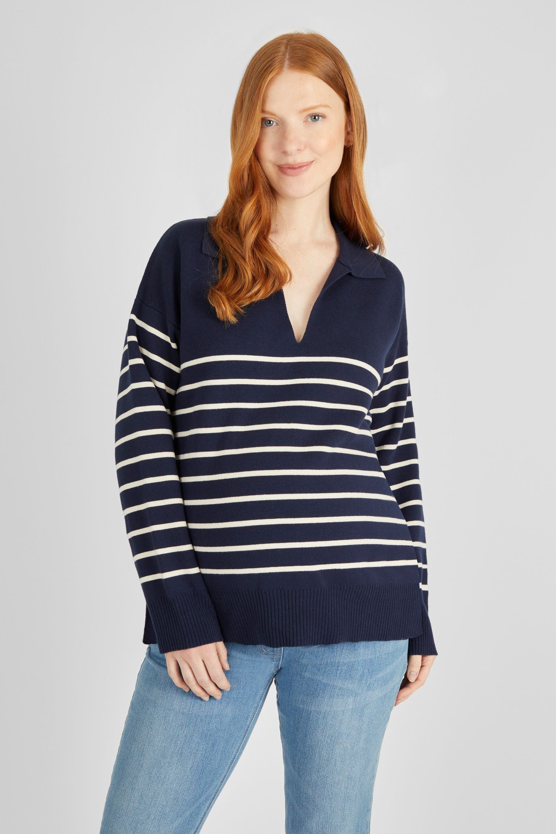 Navy JoJo Maman Bébé Stripe Collared Maternity & Nursing Jumper