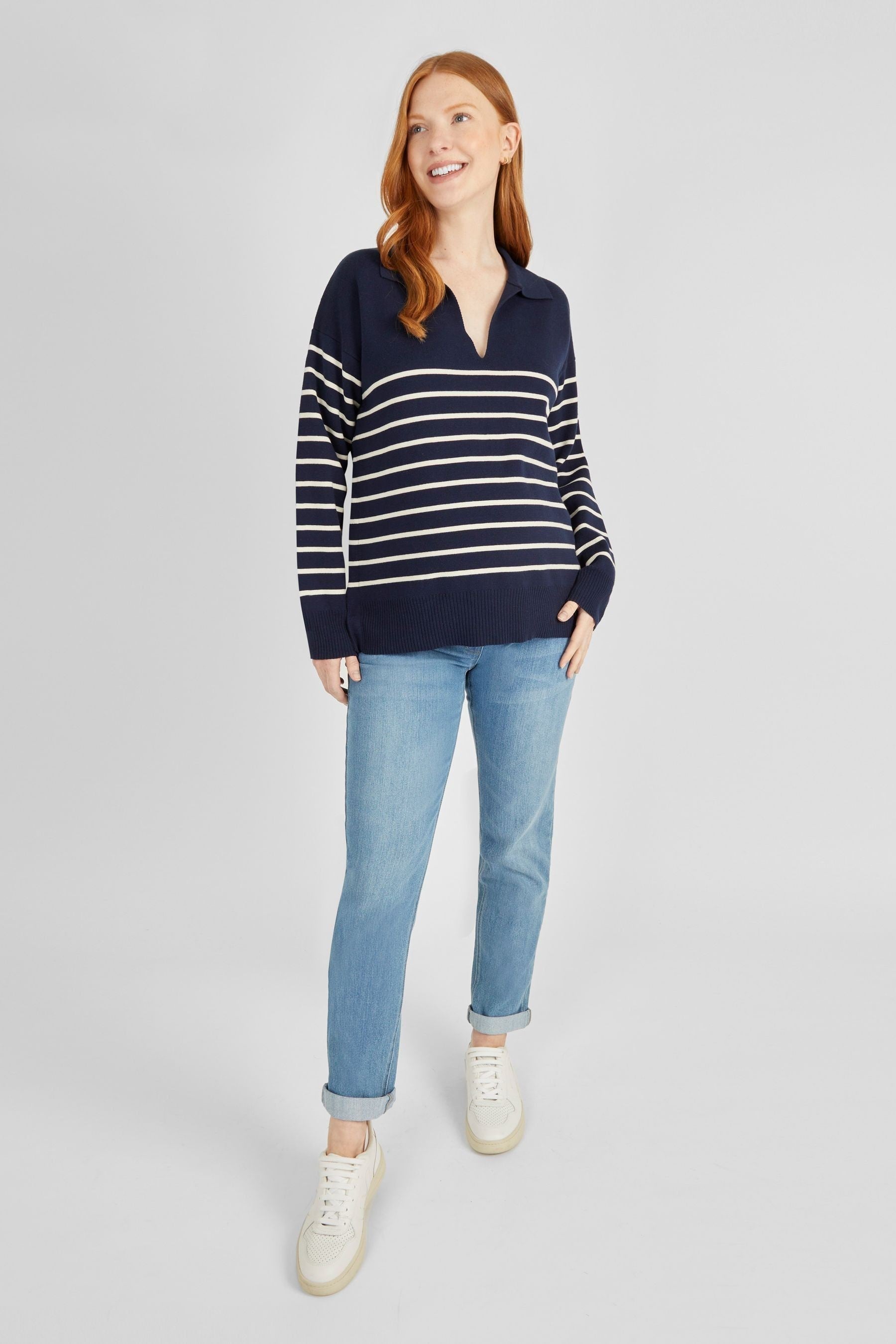 Navy JoJo Maman Bébé Stripe Collared Maternity & Nursing Jumper