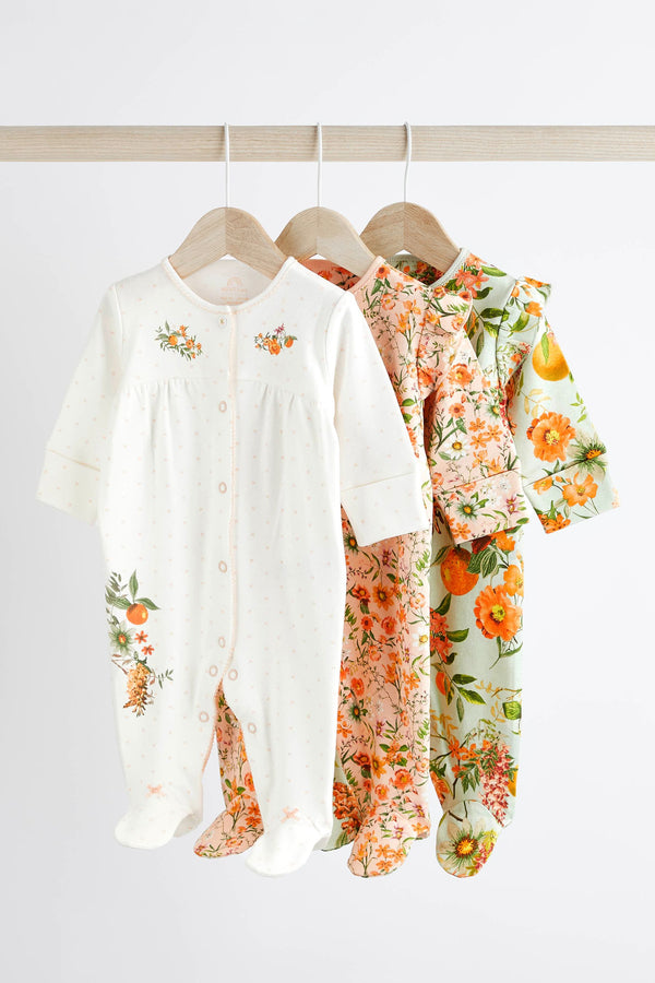 Peach Pink Baby Floral Sleepsuit 3 Pack