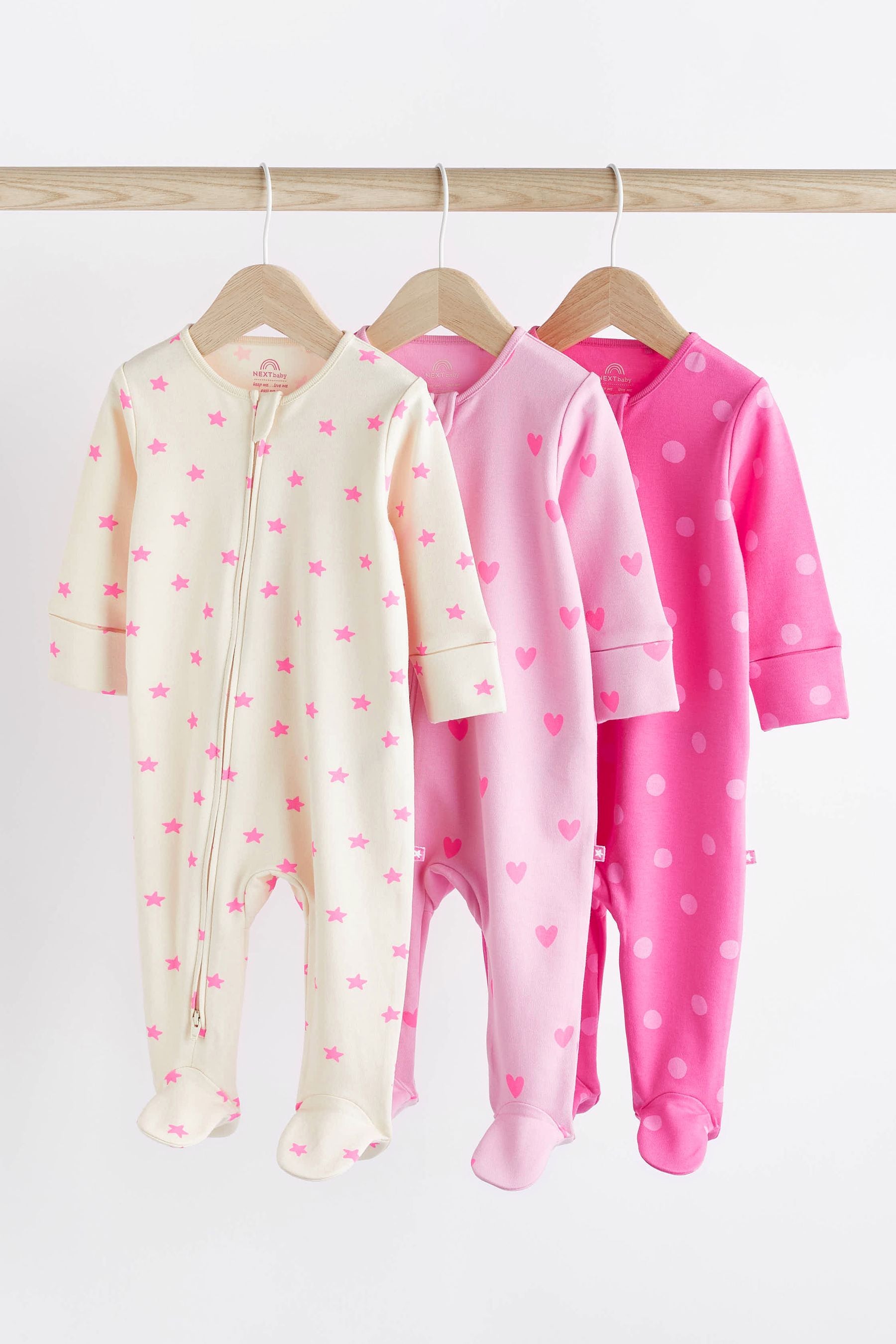 Pink/Cream Two Way Zip Baby Sleepsuits 3 Pack (0-3yrs)