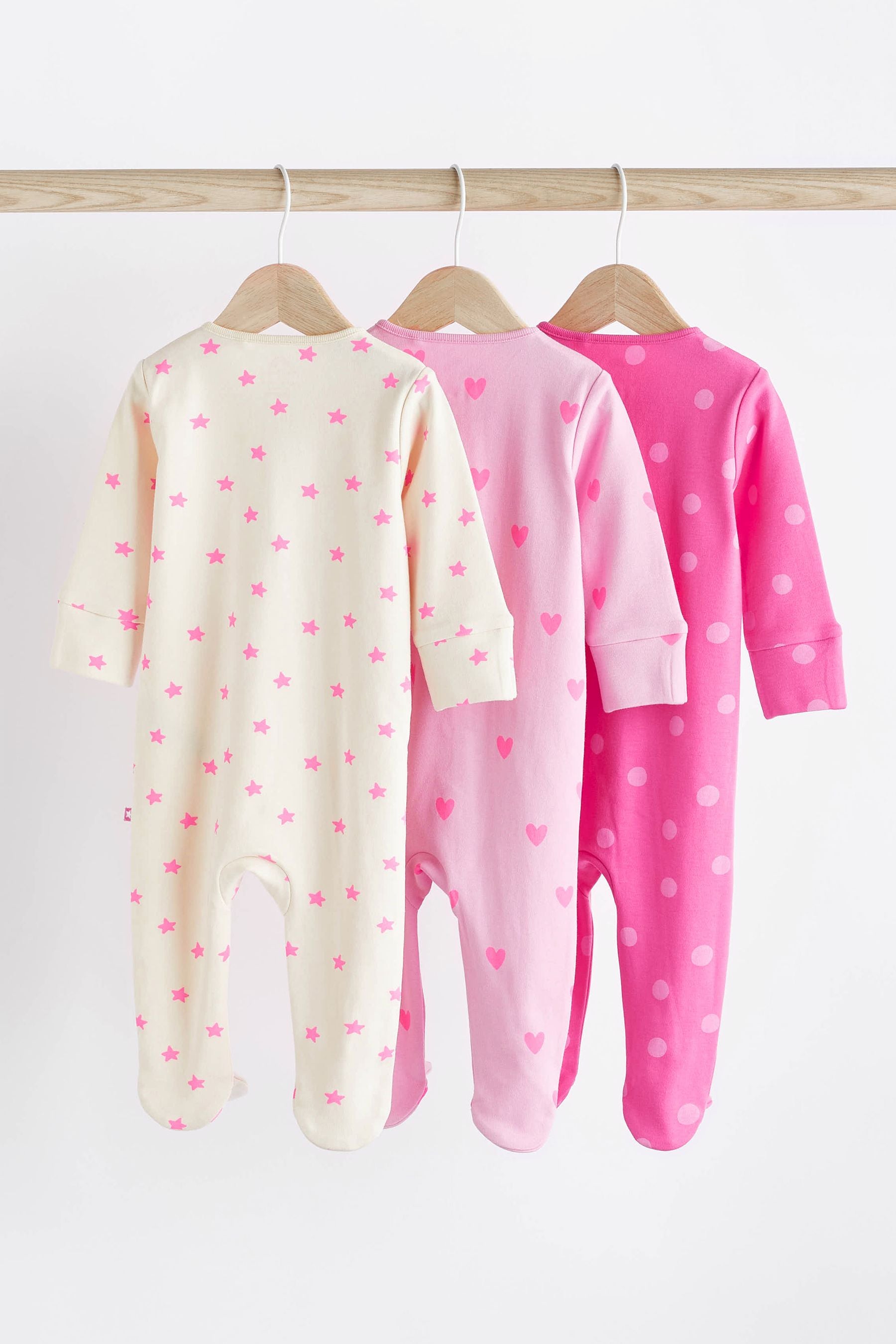 Pink/Cream Two Way Zip Baby Sleepsuits 3 Pack (0-3yrs)