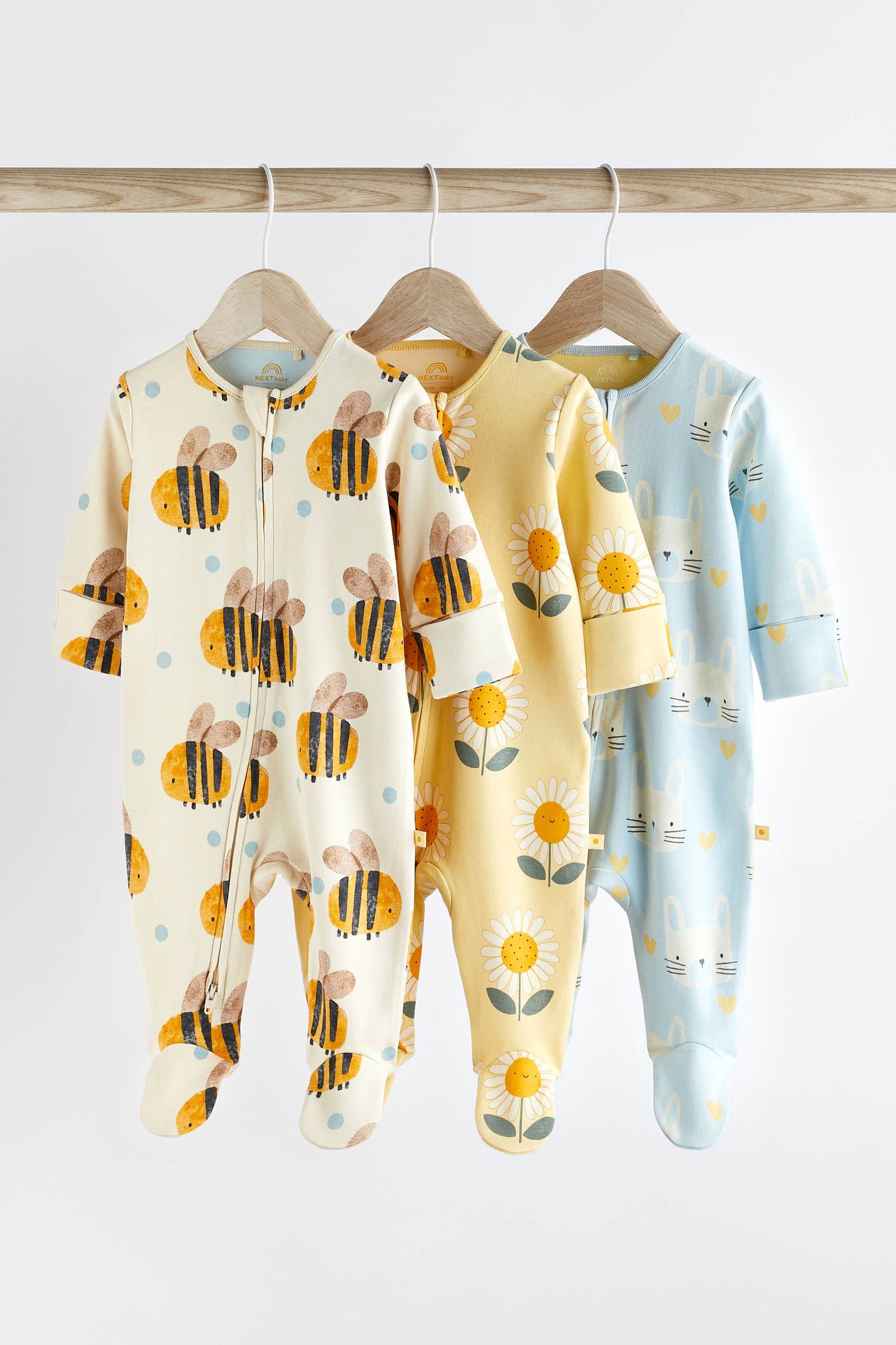 Blue/Yellow Two Way Zip Baby Sleespuits 3 Pack (0mths-2yrs)