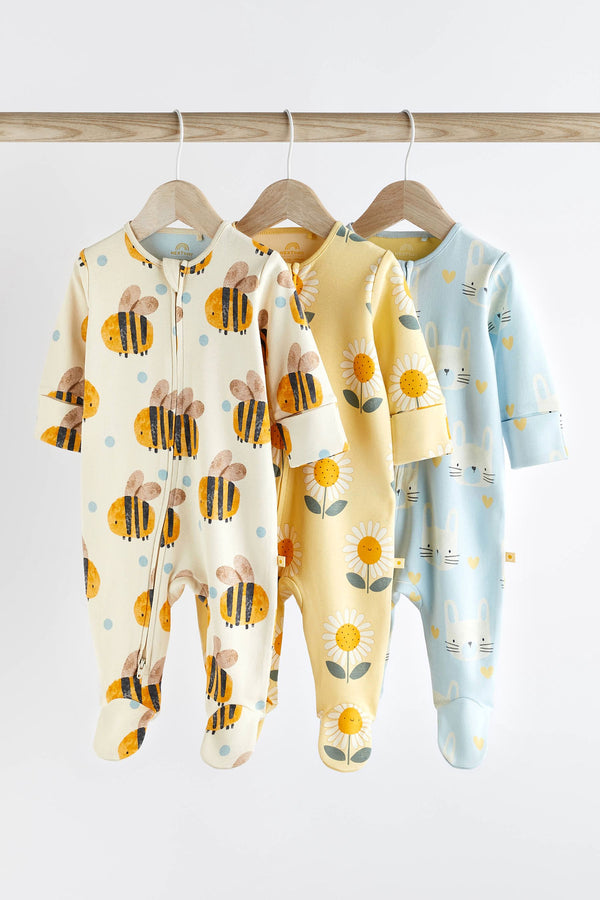 Blue/Yellow Baby Two Way Zip 100% Cotton Sleepsuits 3 Pack (0mths-2yrs)