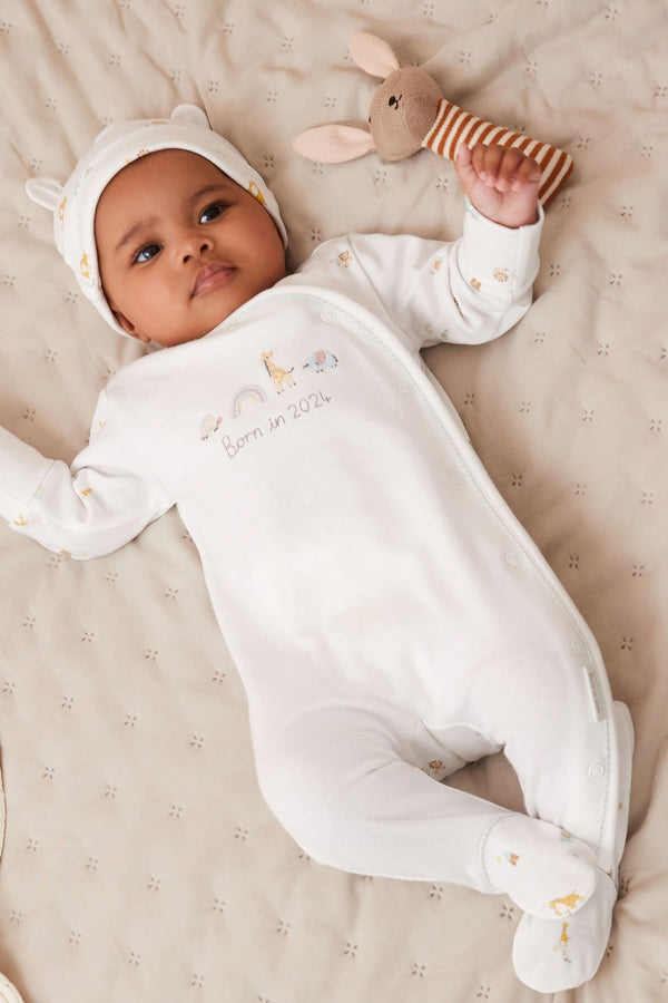 White Born in 2024 100% Cotton Baby Sleepsuit (0-9mths)