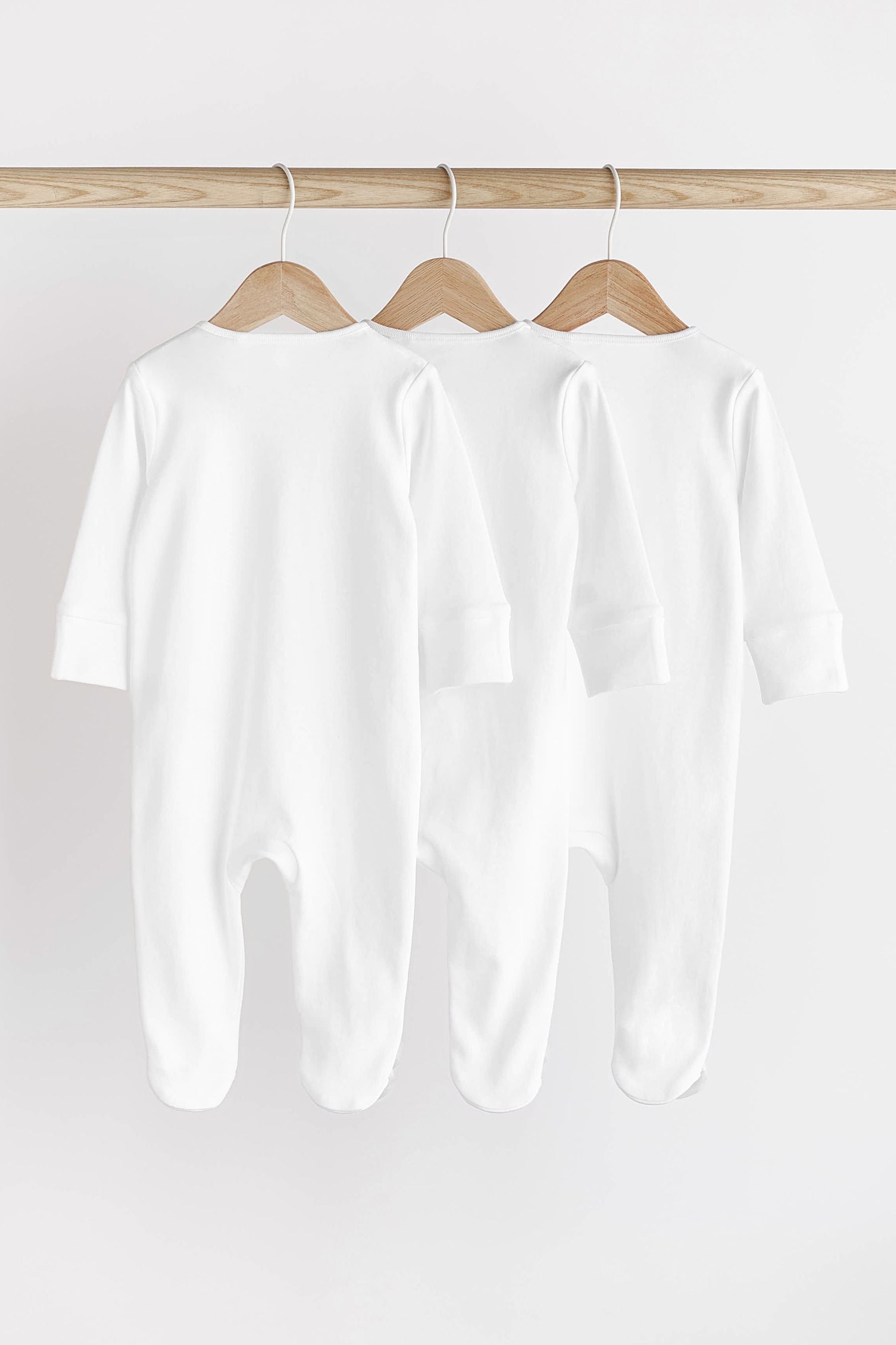 White Essential Zipped Cotton Baby Sleepsuits 3 Pack (0-2yrs)