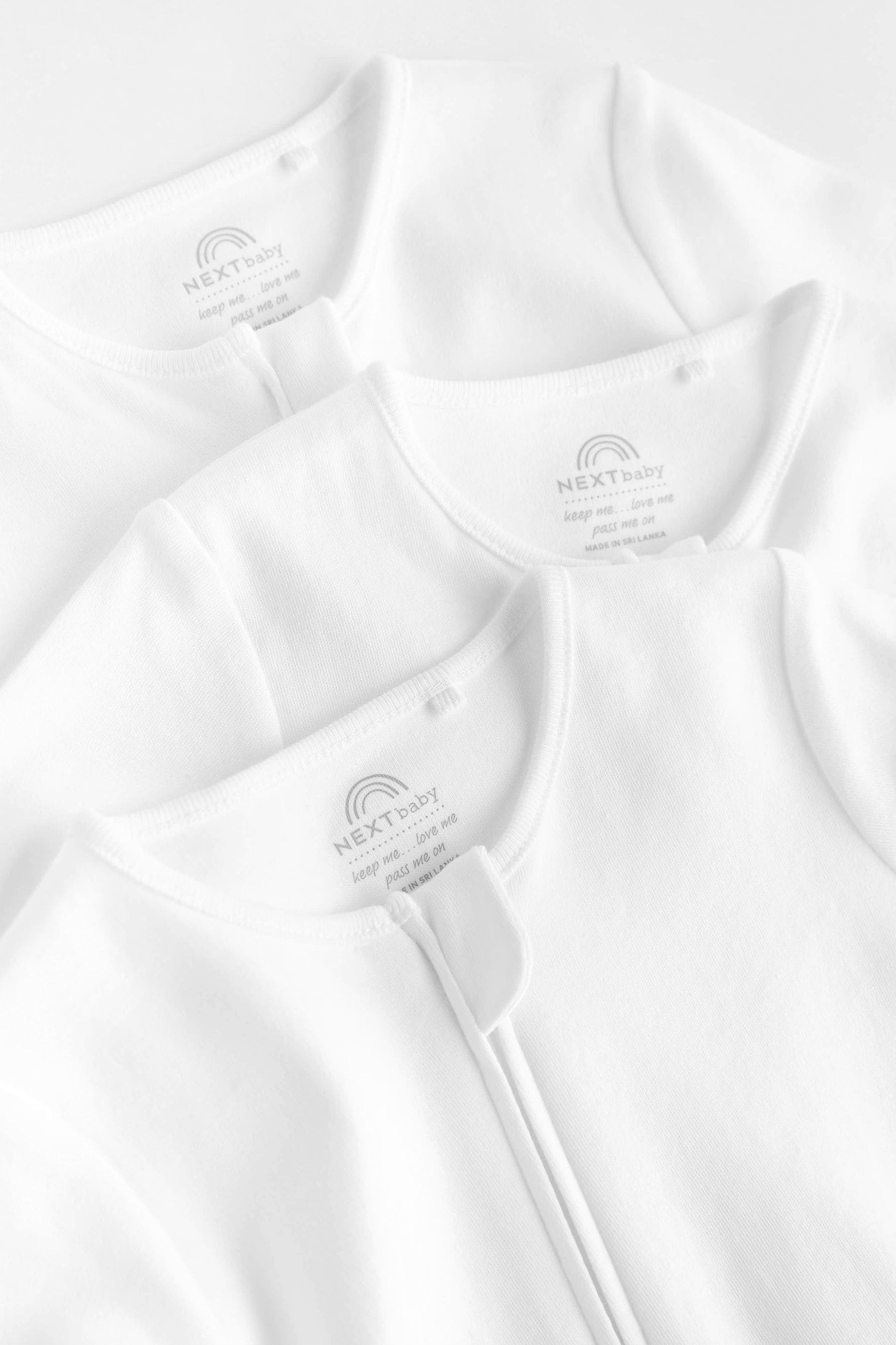 White Essential Zipped Cotton Baby Sleepsuits 3 Pack (0-2yrs)