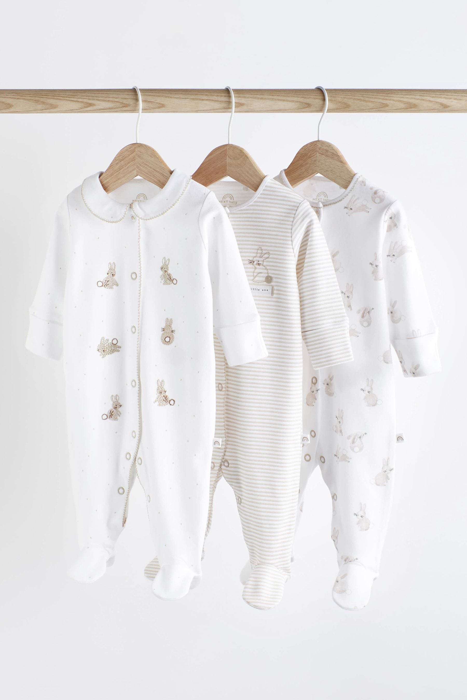 Neutral Bunny Delicate Baby Sleepsuits 3 Pack (0-2yrs)