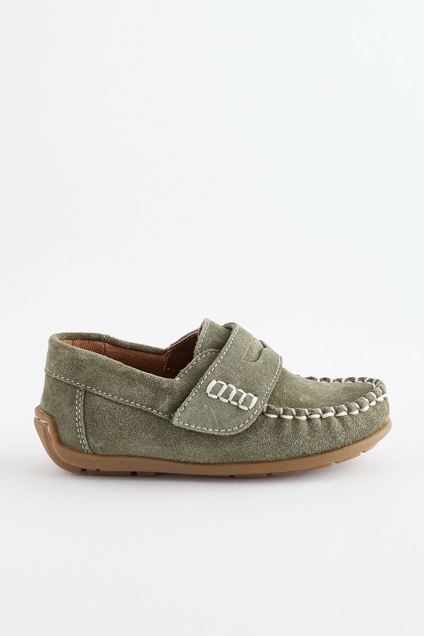 Sage Green Leather Penny Loafers with Touch and Close Fastening