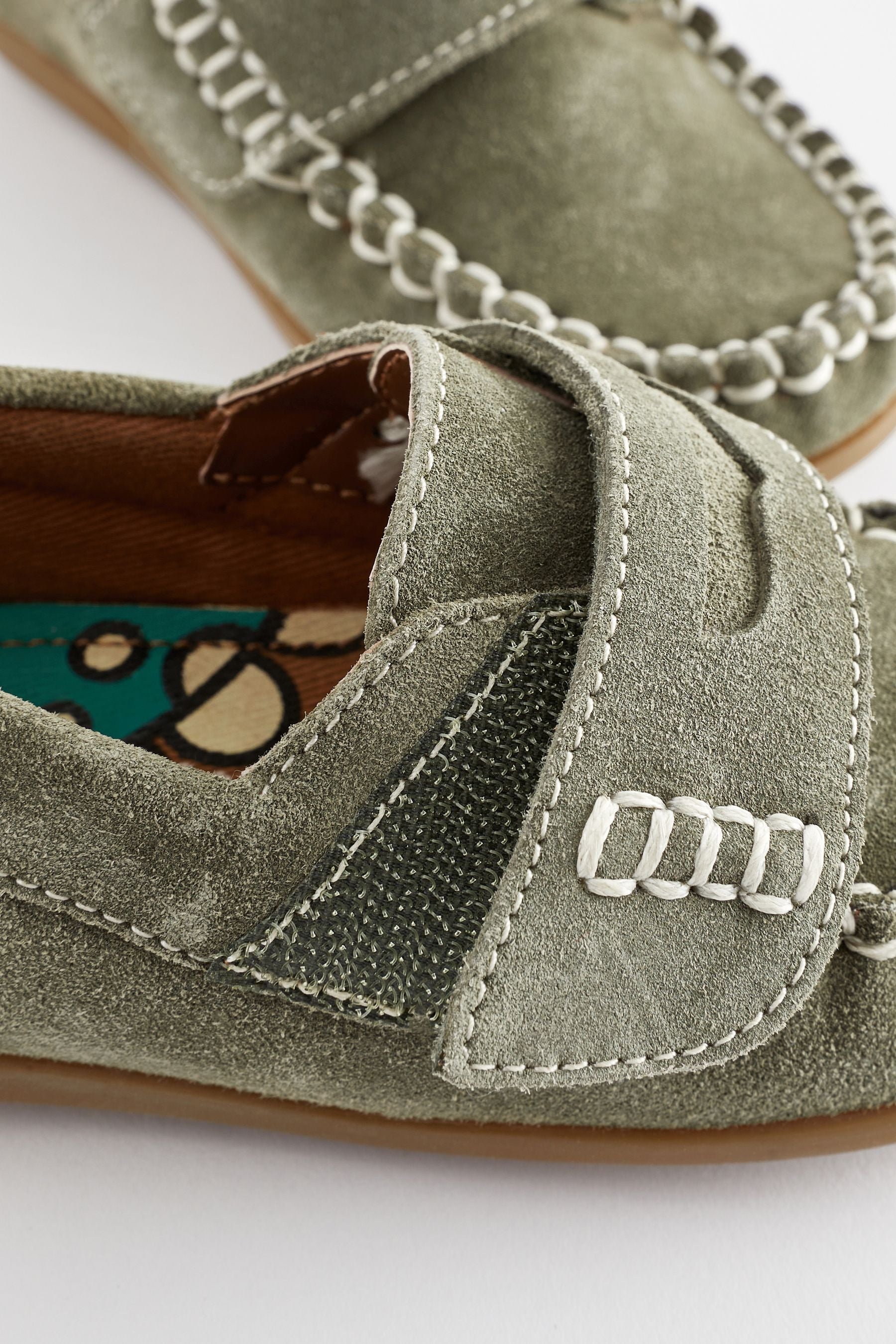 Sage Green Leather Penny Loafers with Touch and Close Fastening