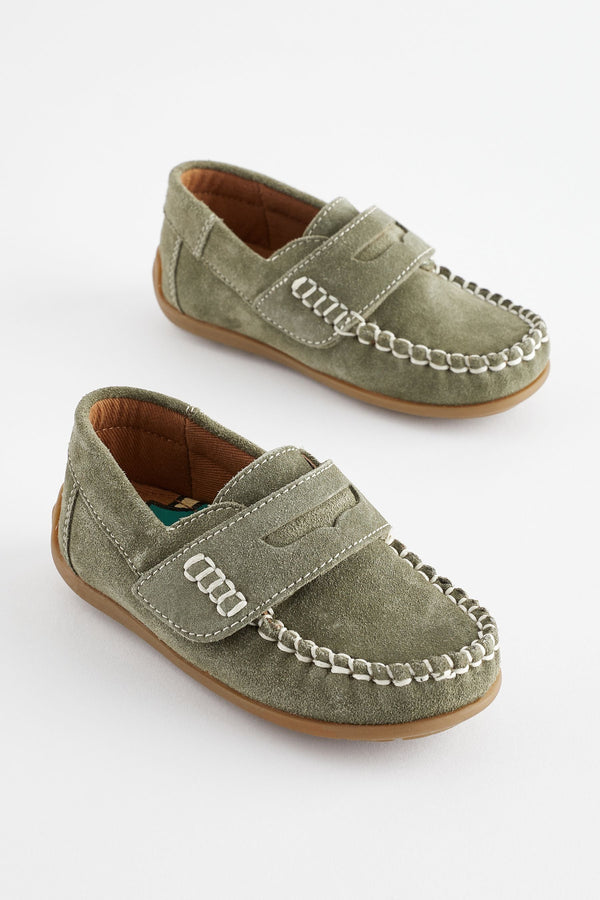 Sage Green Leather Penny Loafers with Touch and Close Fastening