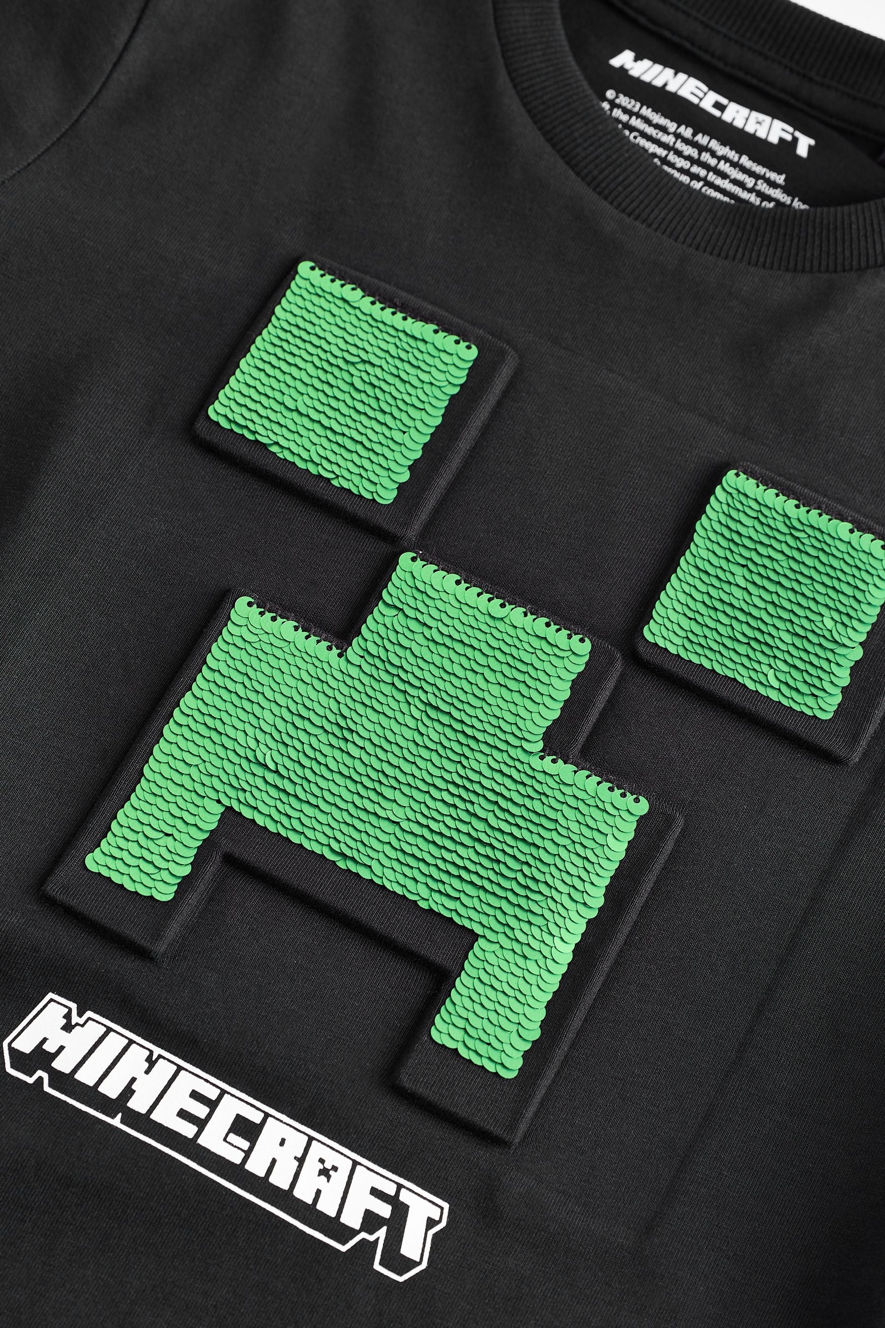 Black/Green 100% Cotton Minecraft Flippy Sequin T-Shirt (3-16yrs)