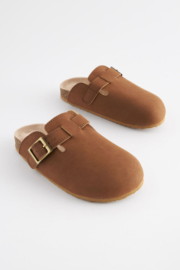 Tan Brown Leather Slip-On Clog Mules