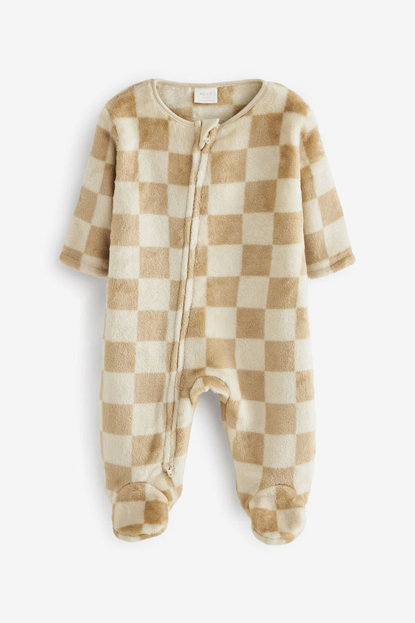 Neutral Checkerboard Baby Fleece Sleepsuit