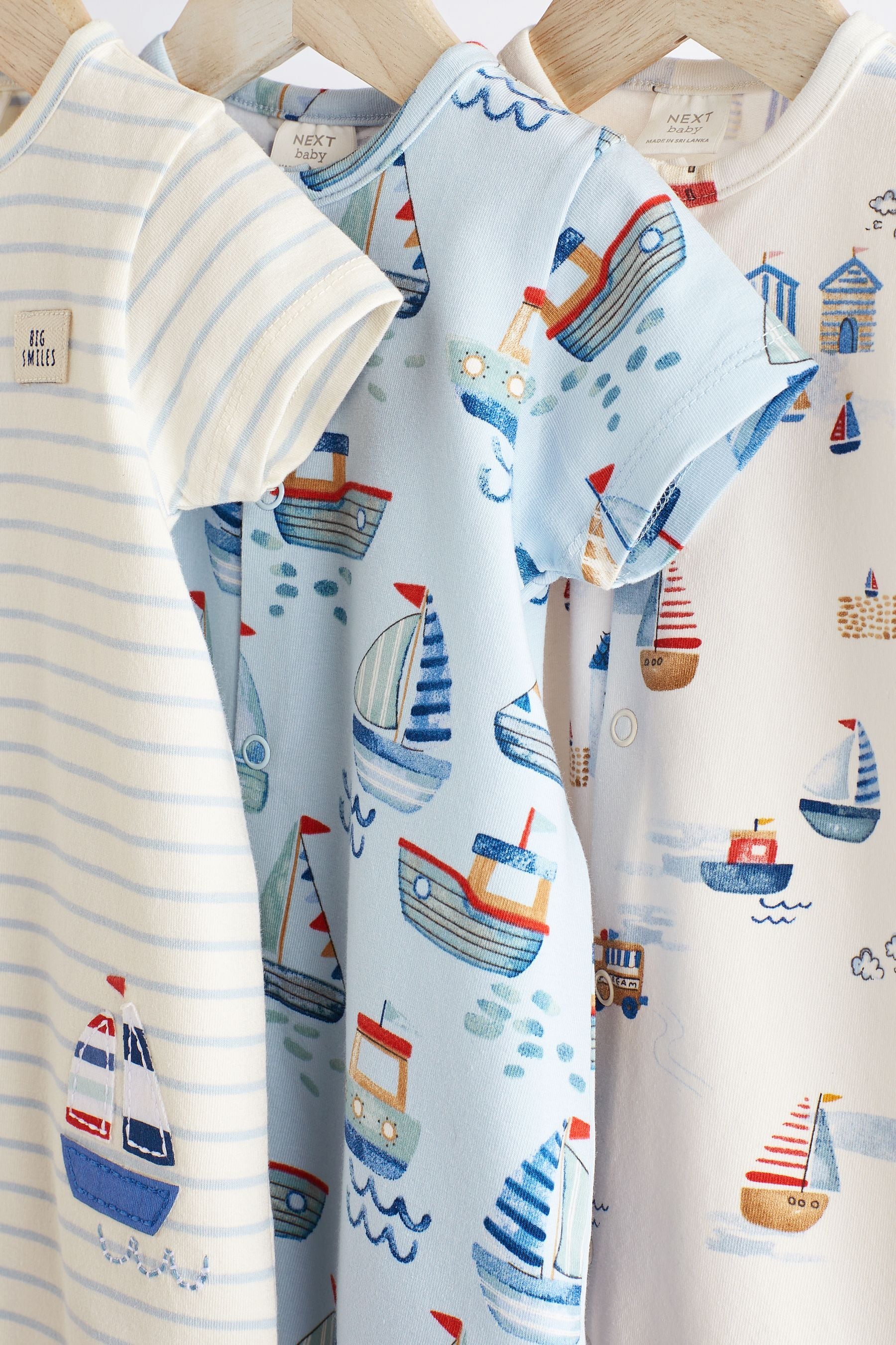 Blue Boat Baby Jersey 100% Cotton Rompers 3 Pack