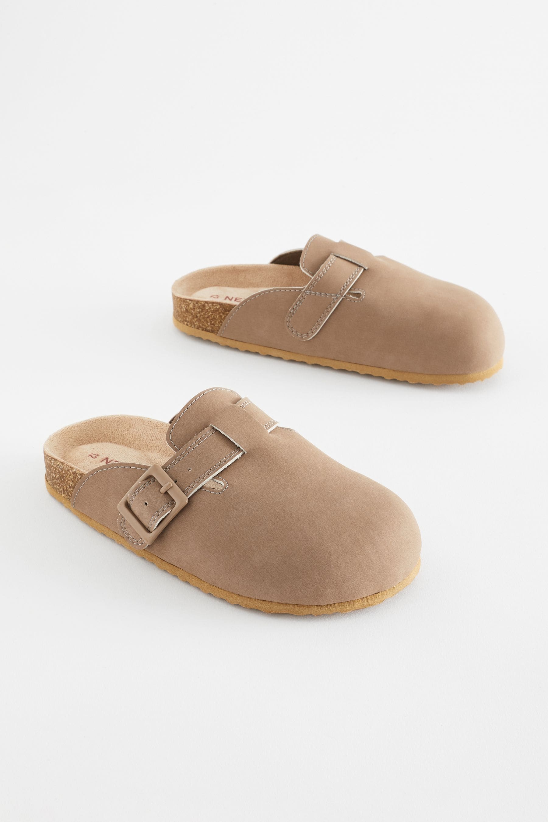 Taupe Brown Leather Slip-On Clog Mules