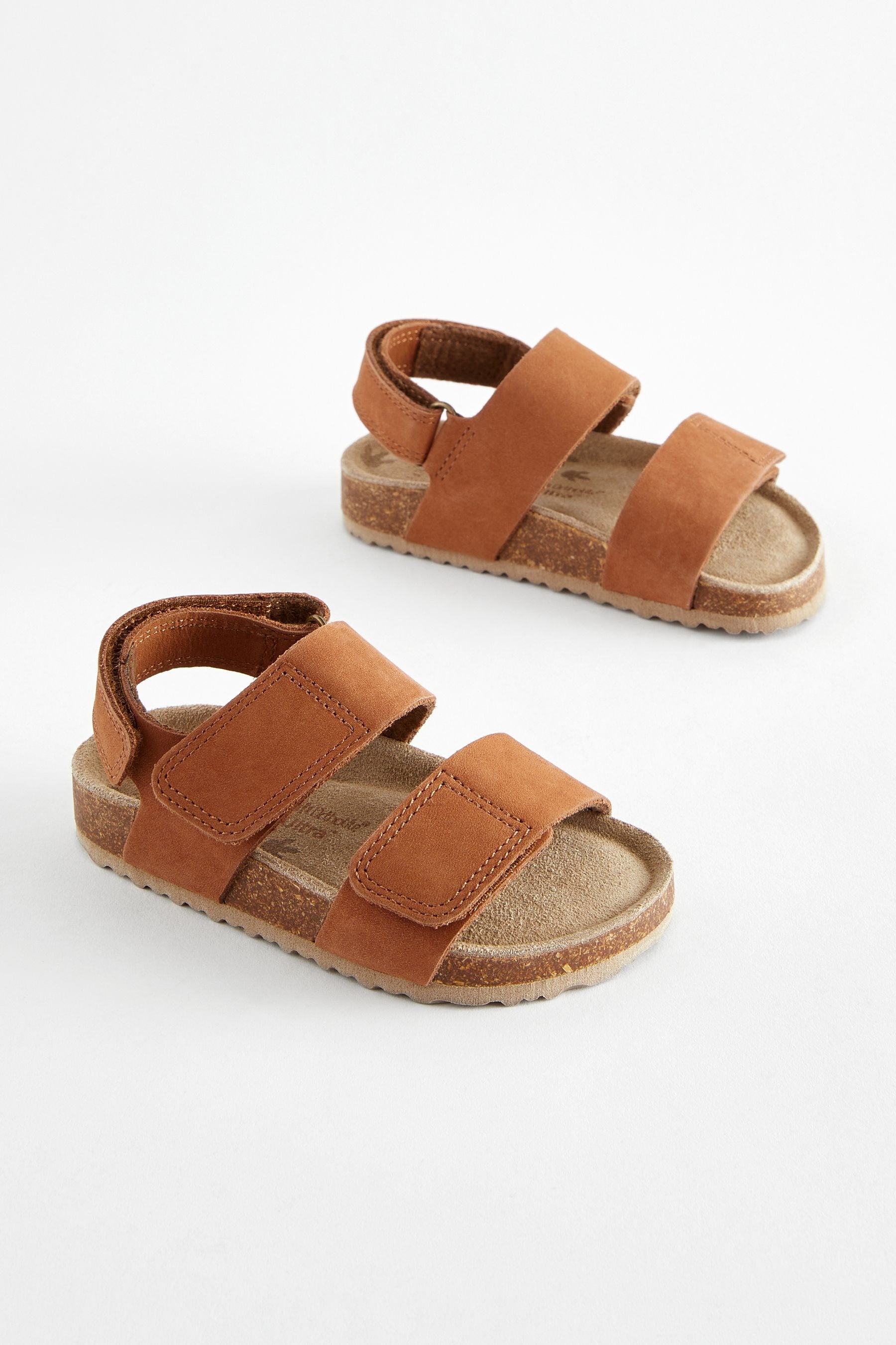 Tan Brown Leather Touch Fastening Corkbed Sandals