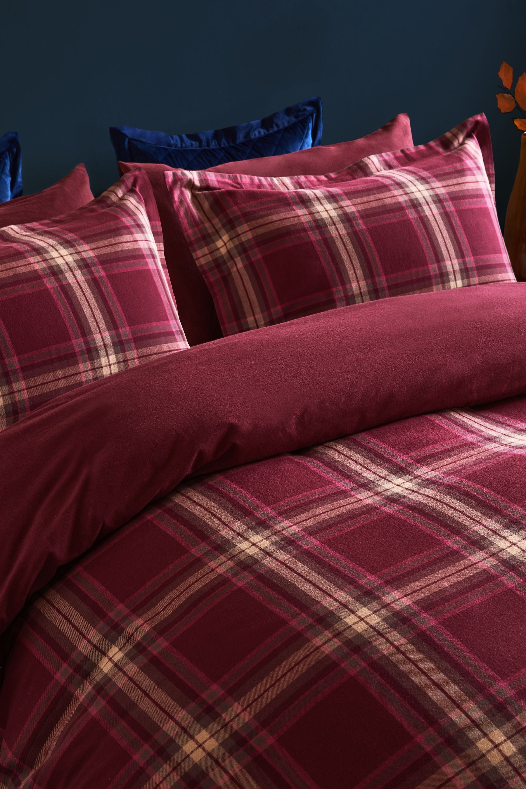 Red Burgundy Check Collection Luxe Brushed 100% Cotton Duvet Cover and Pillowcase Set