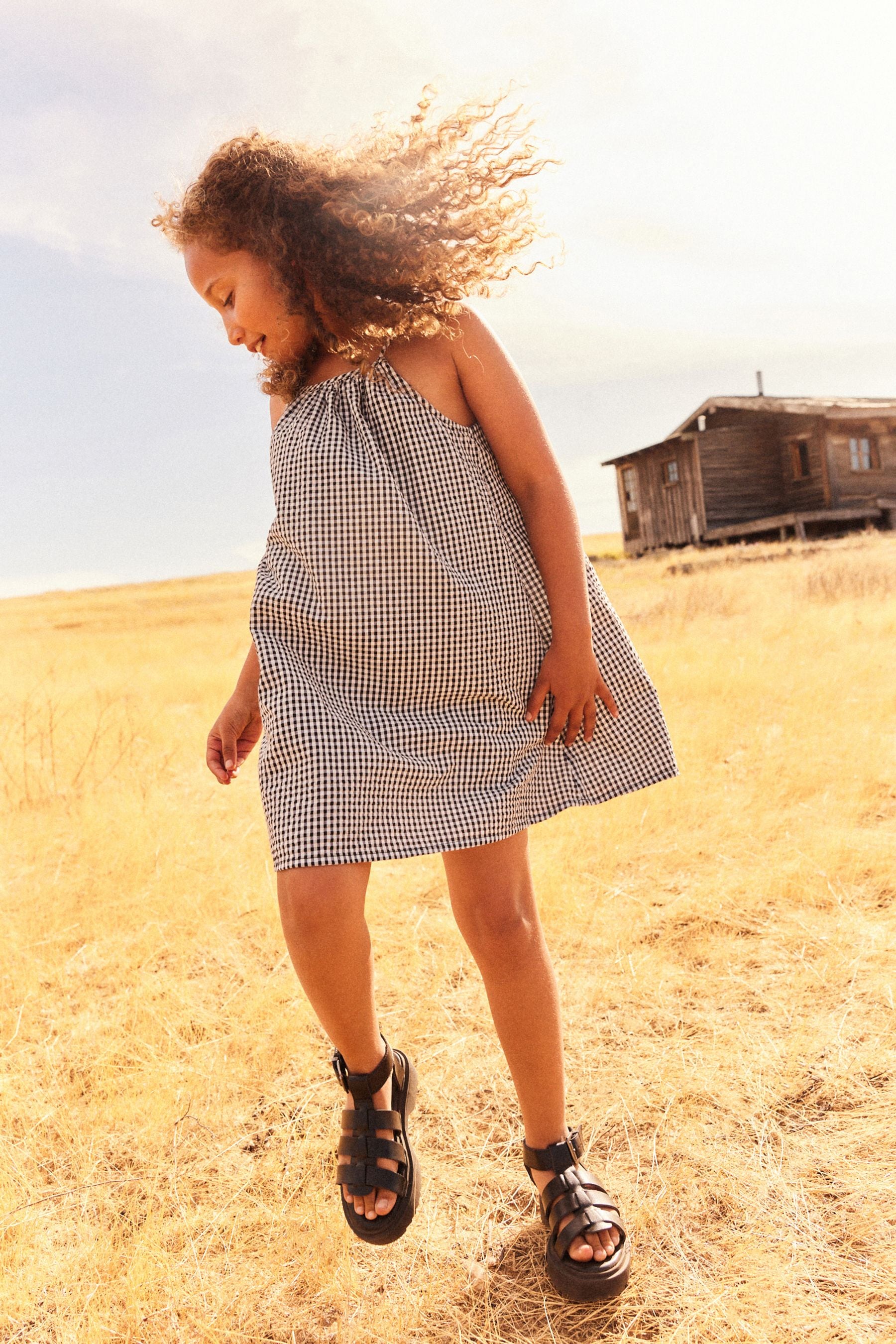 Black/White Gingham 100% Cotton Strappy Sundress (3-16yrs)