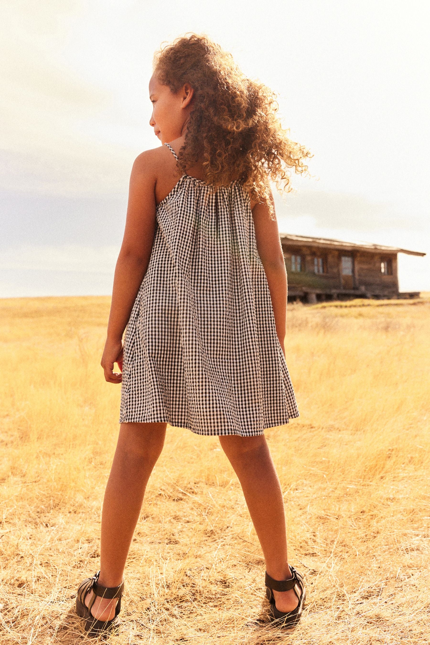 Black/White Gingham 100% Cotton Strappy Sundress (3-16yrs)