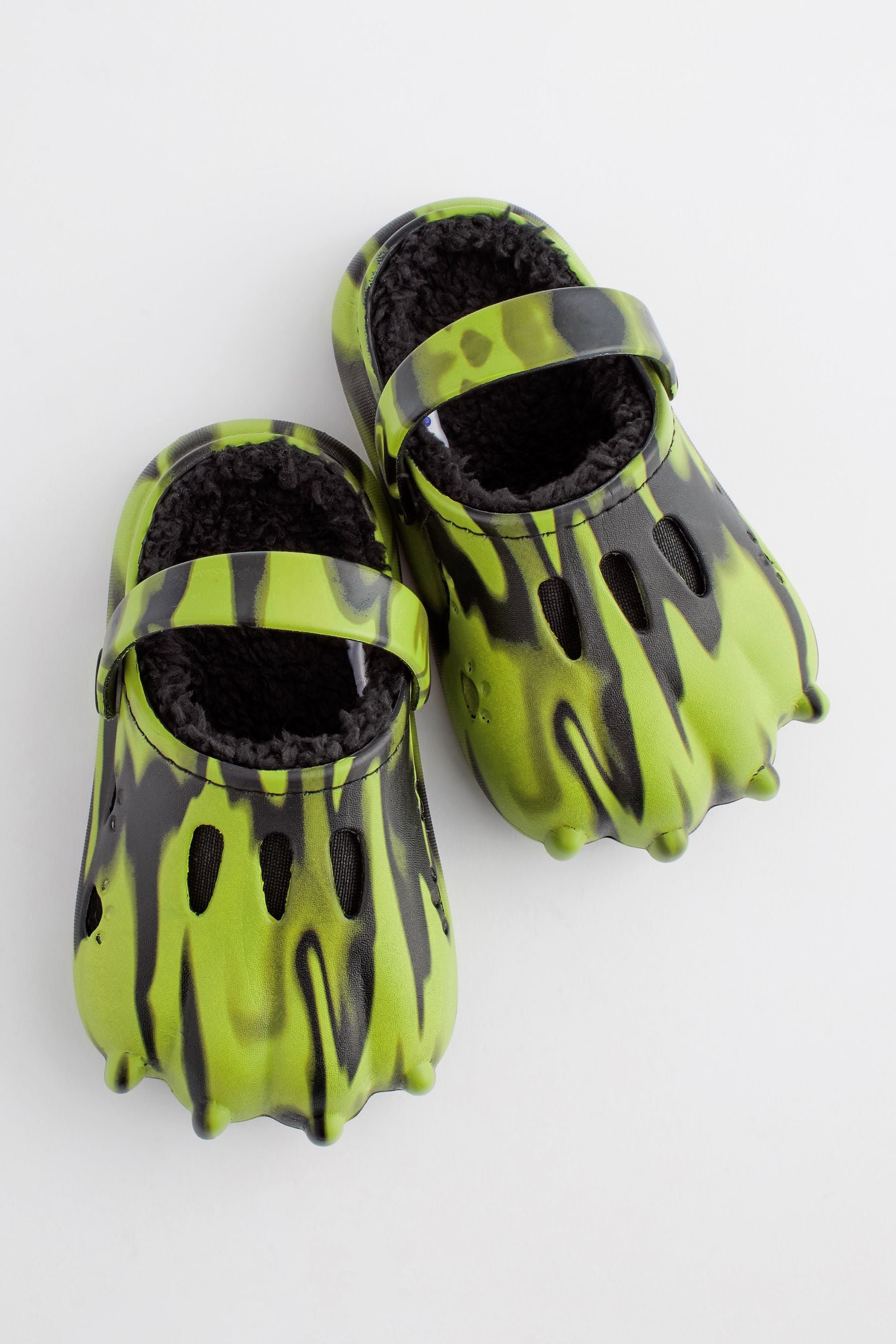 Black/Green Faux Fur Lined Claw Clog Slippers