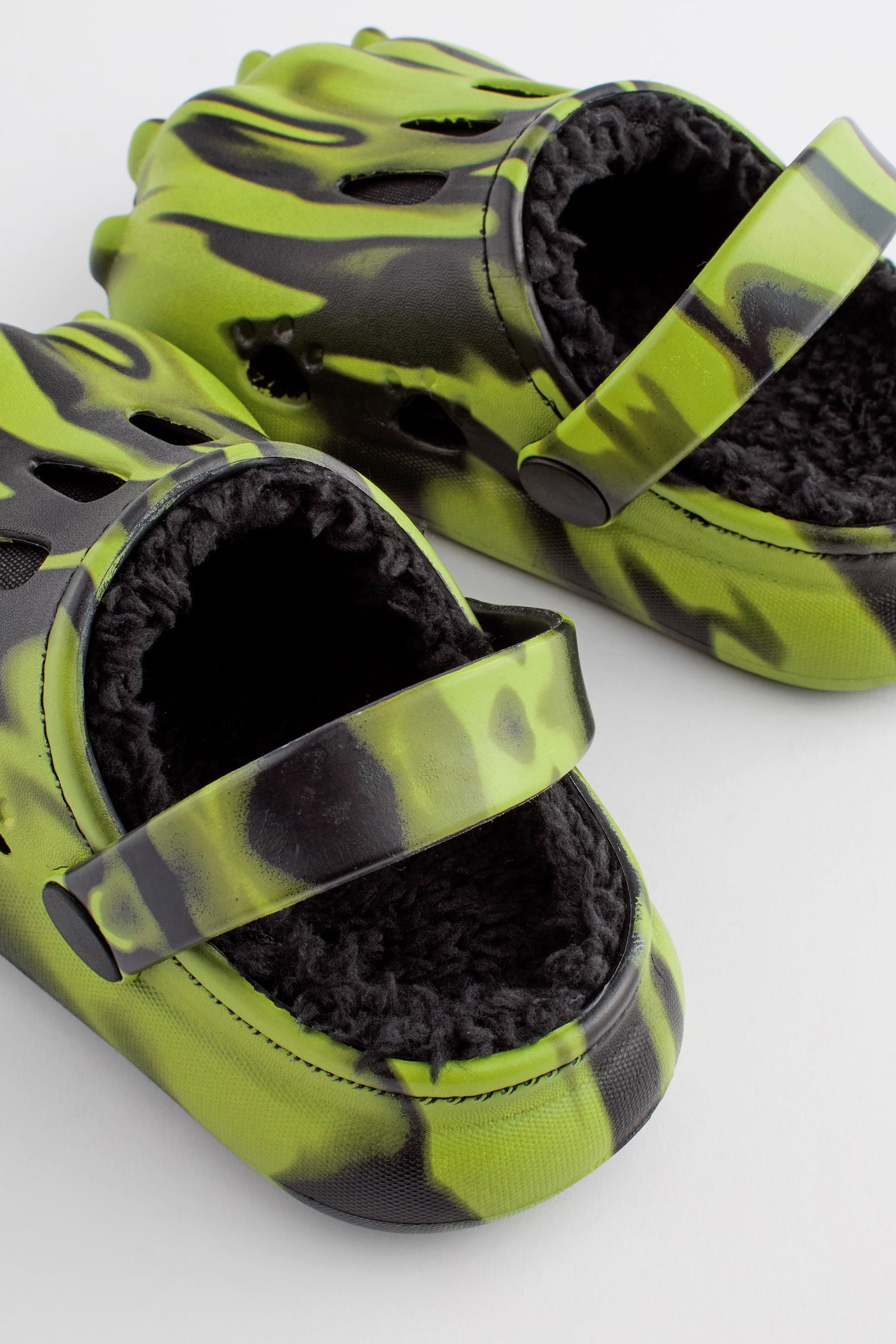 Black/Green Faux Fur Lined Claw Clog Slippers