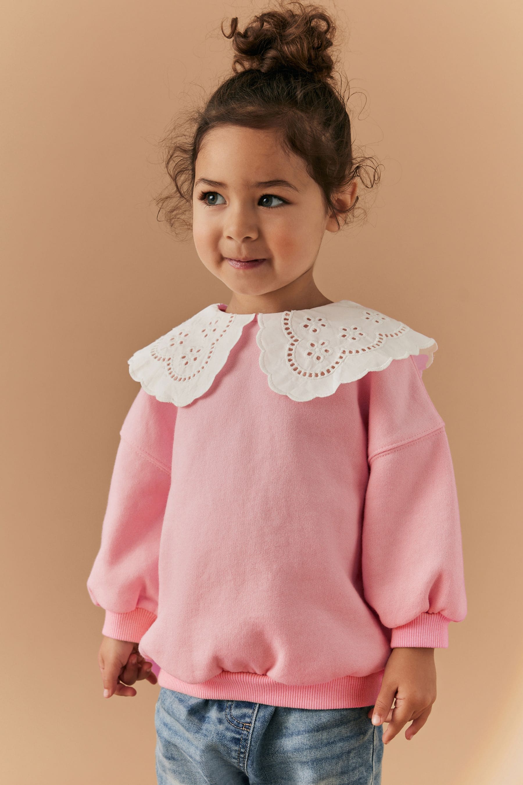 Pink Broderie Collar Crew Sweatshirt (3mths-7yrs)