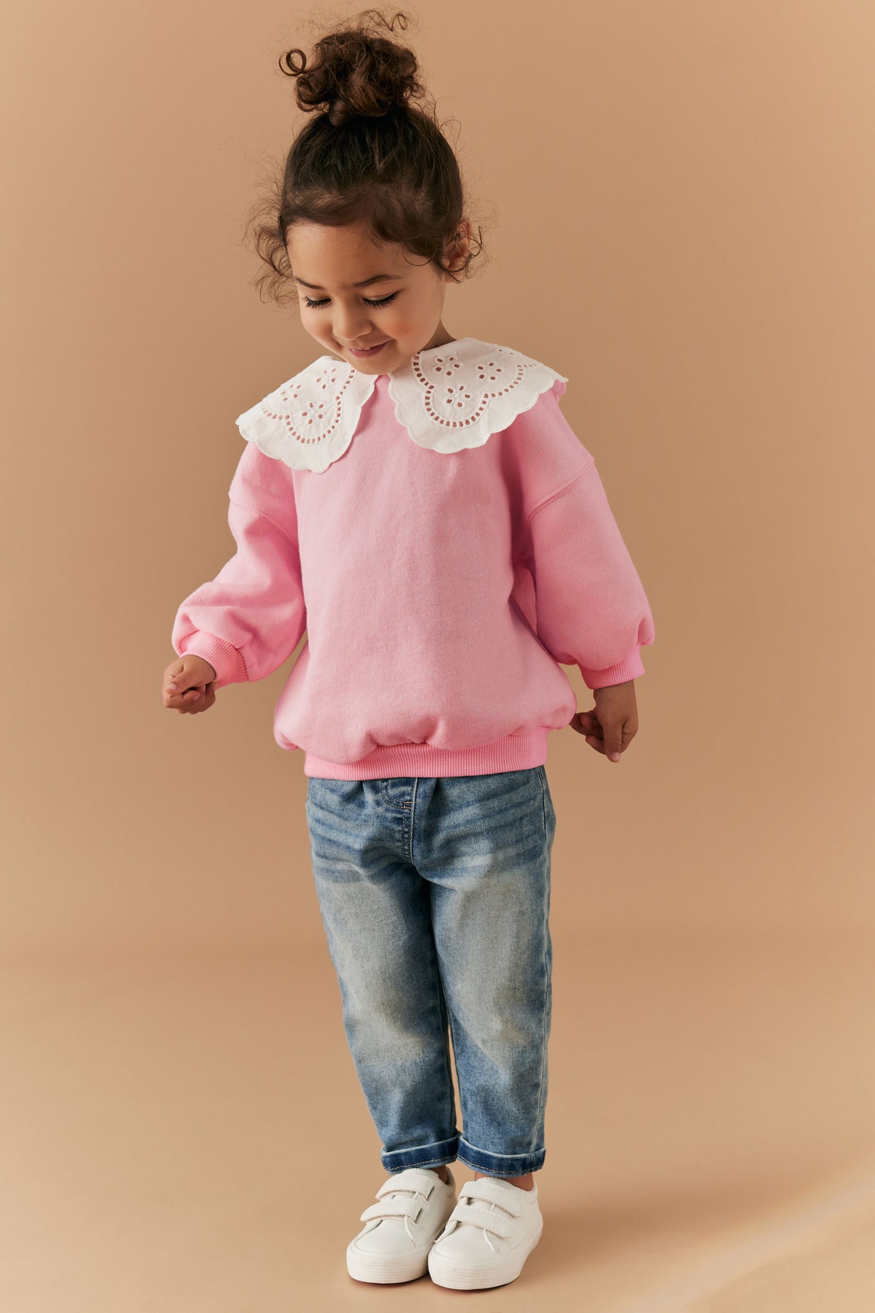 Pink Broderie Collar Crew Sweatshirt (3mths-7yrs)