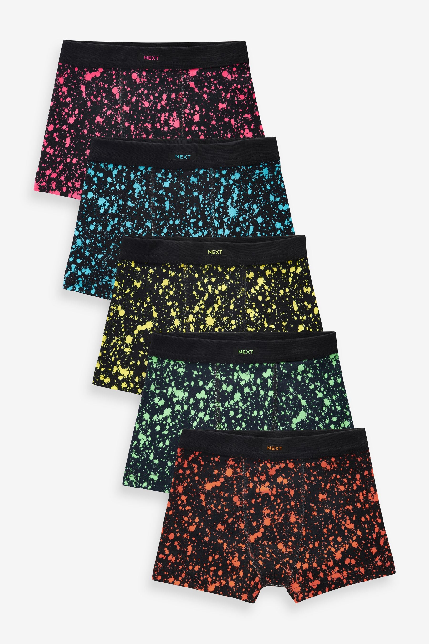 Black Splat Print Soft Waistband Trunks 5 Pack (2-16yrs)