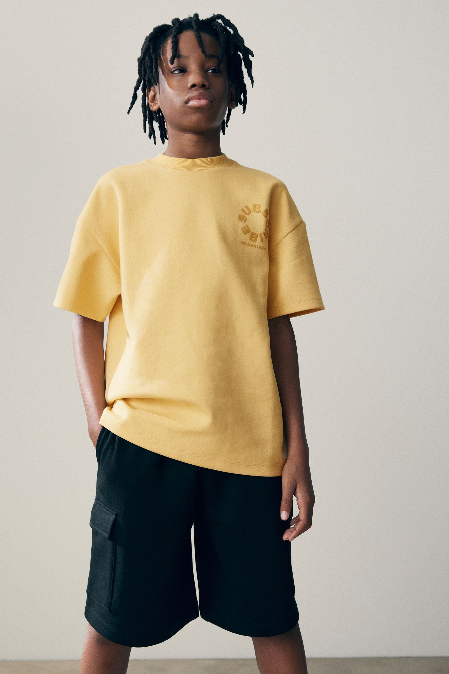 Yellow Buttermilk Subscribe BackPrint Relaxed Fit Heavyweight Short Sleeve T-Shirt (3-16yrs)