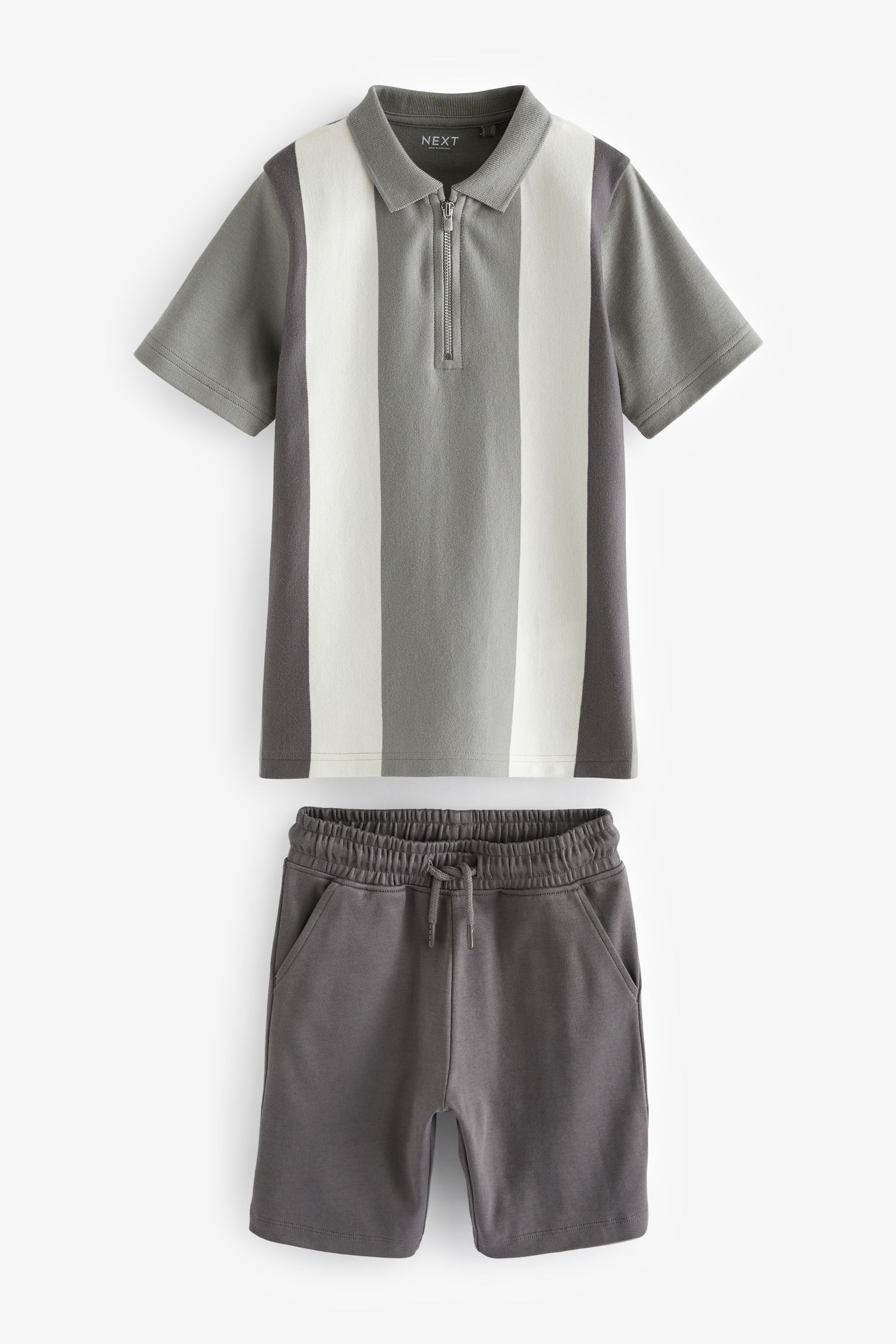 Grey/White Zip Neck Polo 100% Cotton Shirt And Shorts Set (3-16yrs)