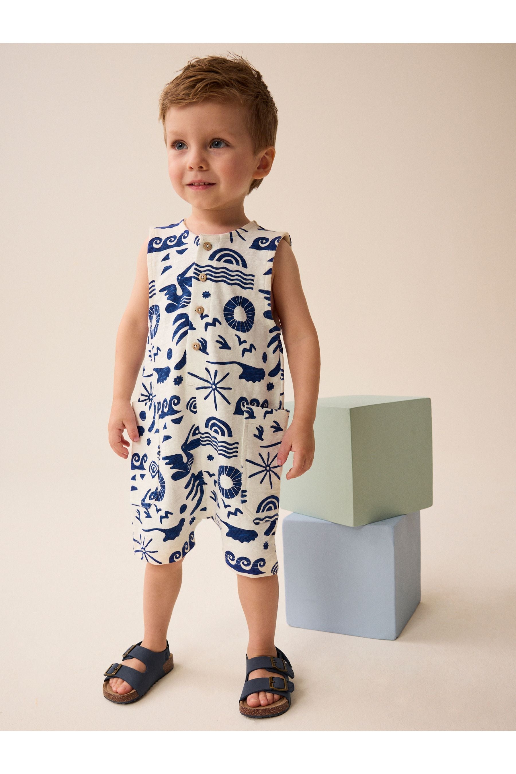 Cobalt Blue/Ecru All-Over Print All-In-One (3mths-7yrs)