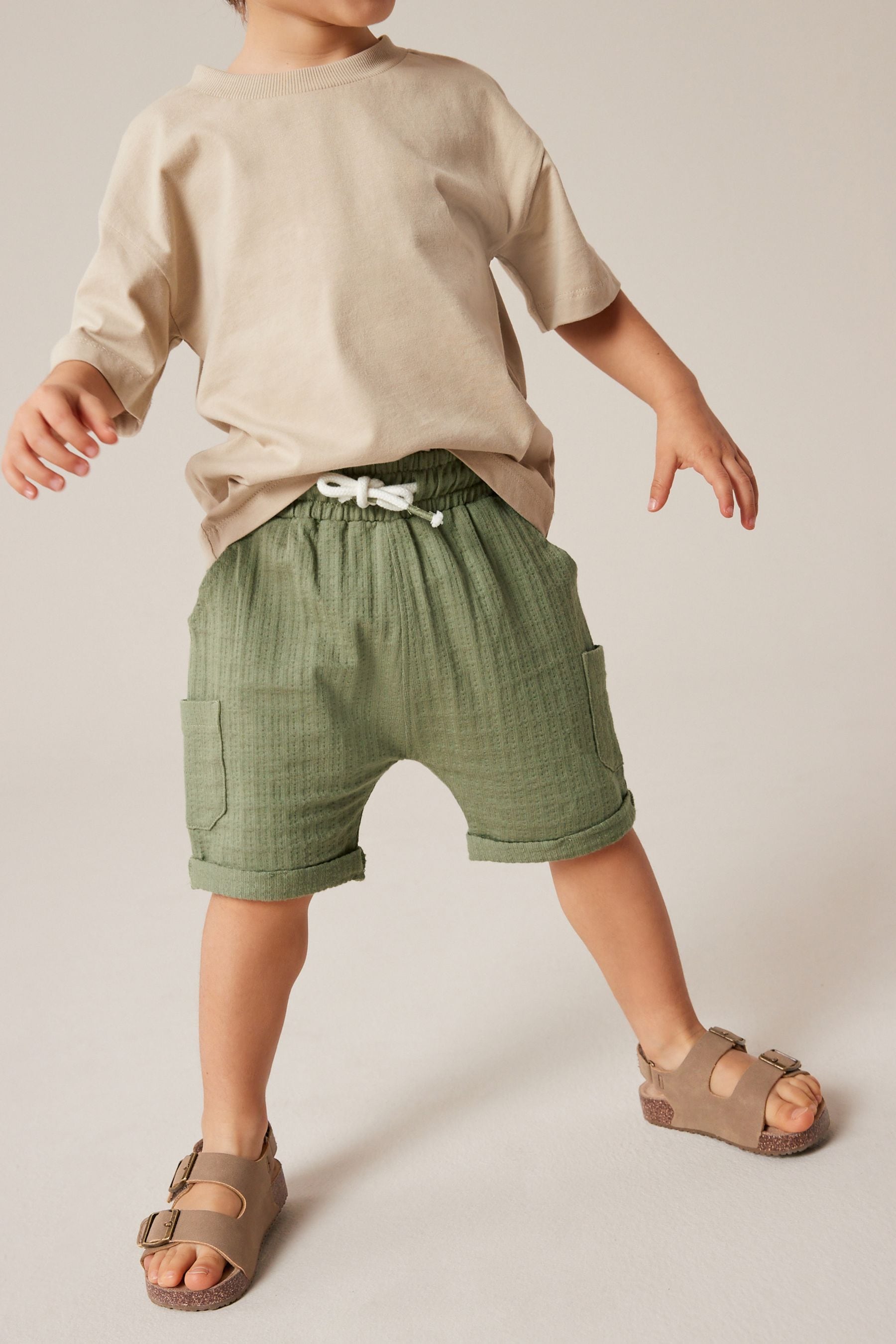 Khaki Green 100% Cotton Lightweight Textured Jersey Shorts (3mths-7yrs)