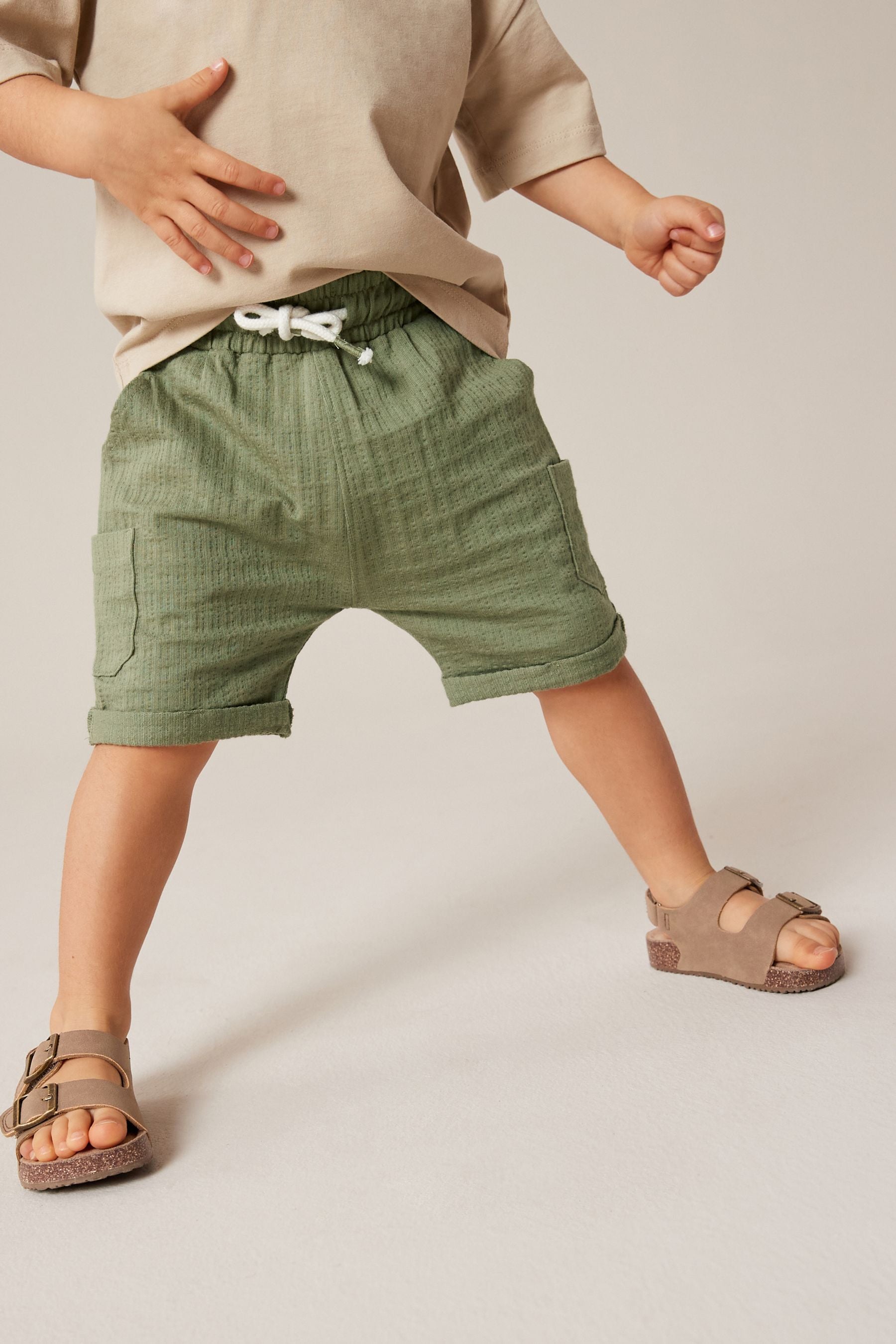 Khaki Green 100% Cotton Lightweight Textured Jersey Shorts (3mths-7yrs)