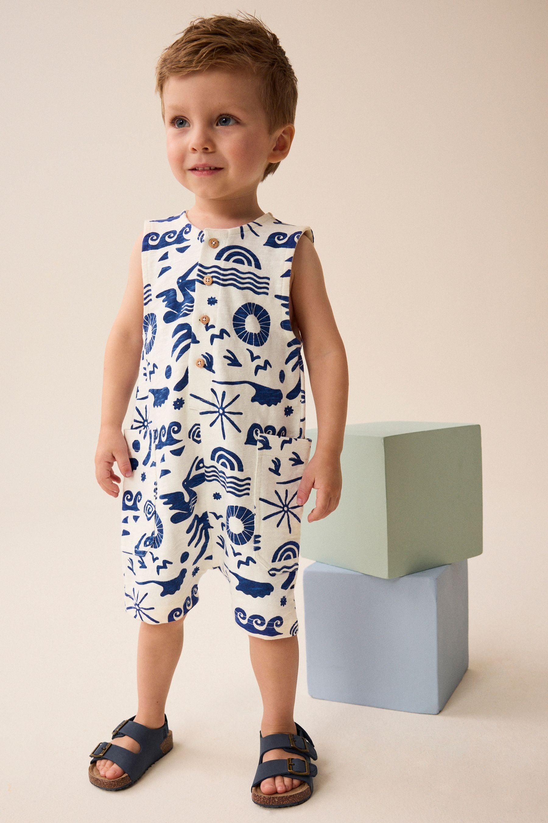 Cobalt Blue/Ecru All-Over Print 100% Cotton All-In-One (3mths-7yrs)