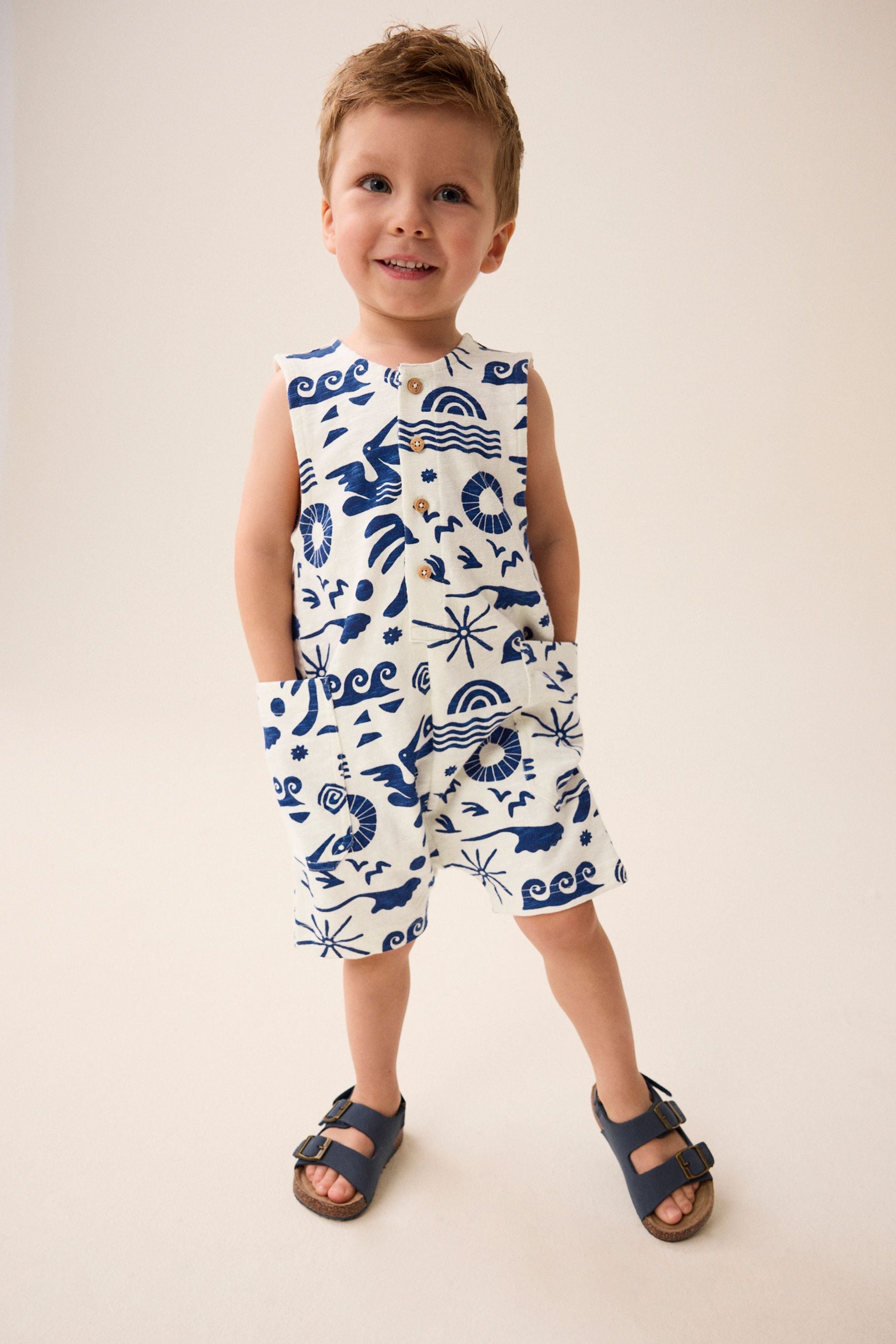 Cobalt Blue/Ecru All-Over Print 100% Cotton All-In-One (3mths-7yrs)