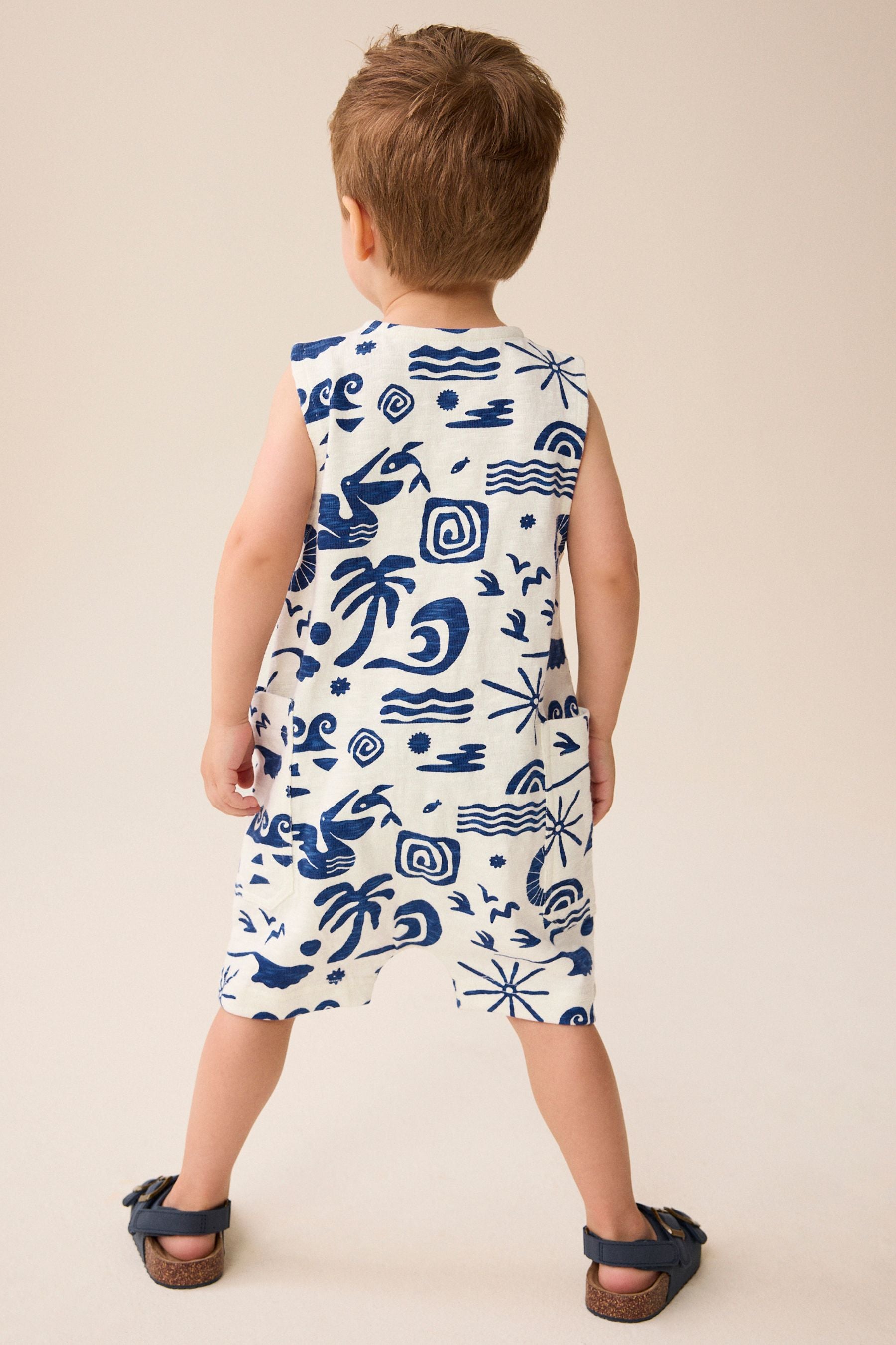 Cobalt Blue/Ecru All-Over Print 100% Cotton All-In-One (3mths-7yrs)