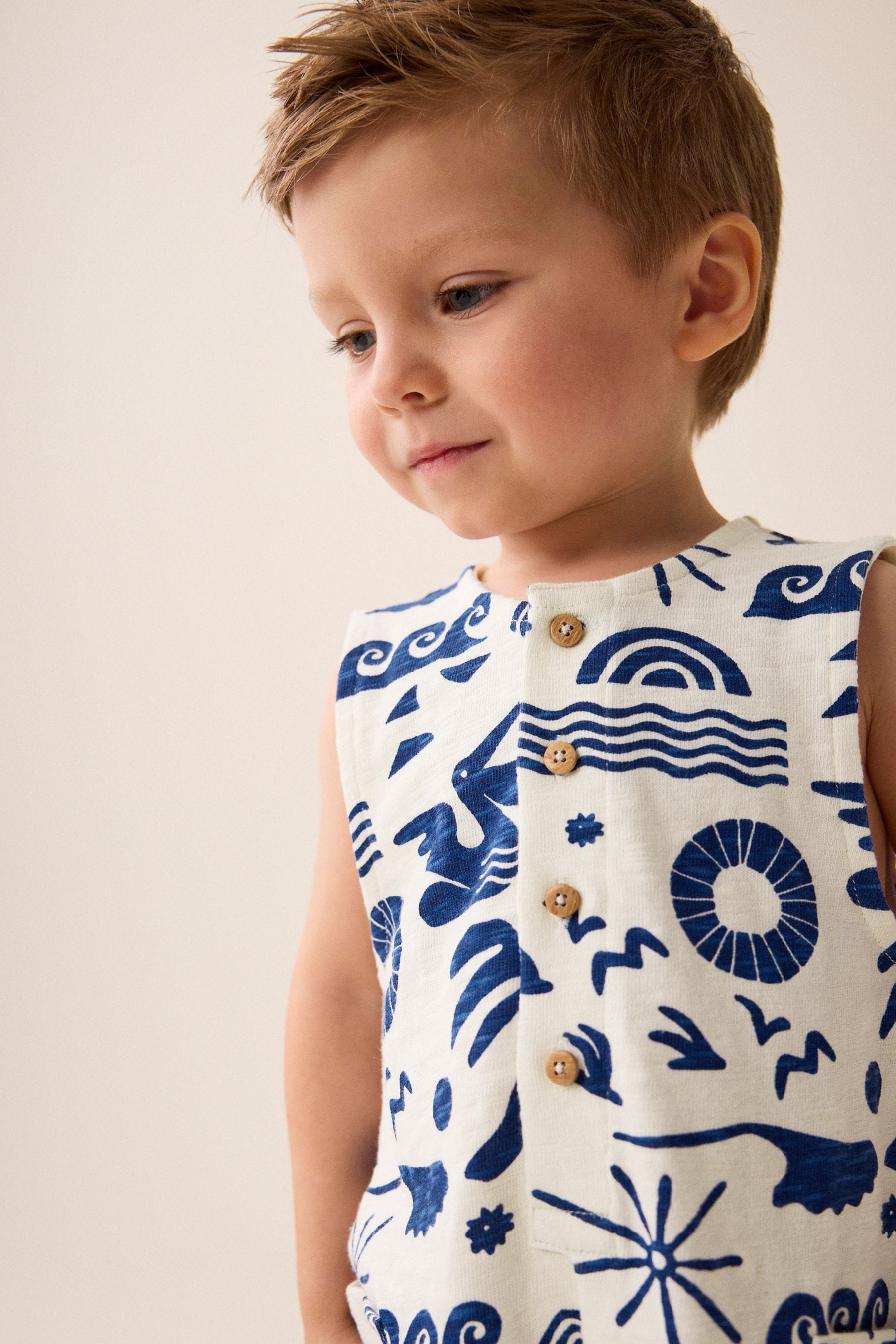 Cobalt Blue/Ecru All-Over Print 100% Cotton All-In-One (3mths-7yrs)